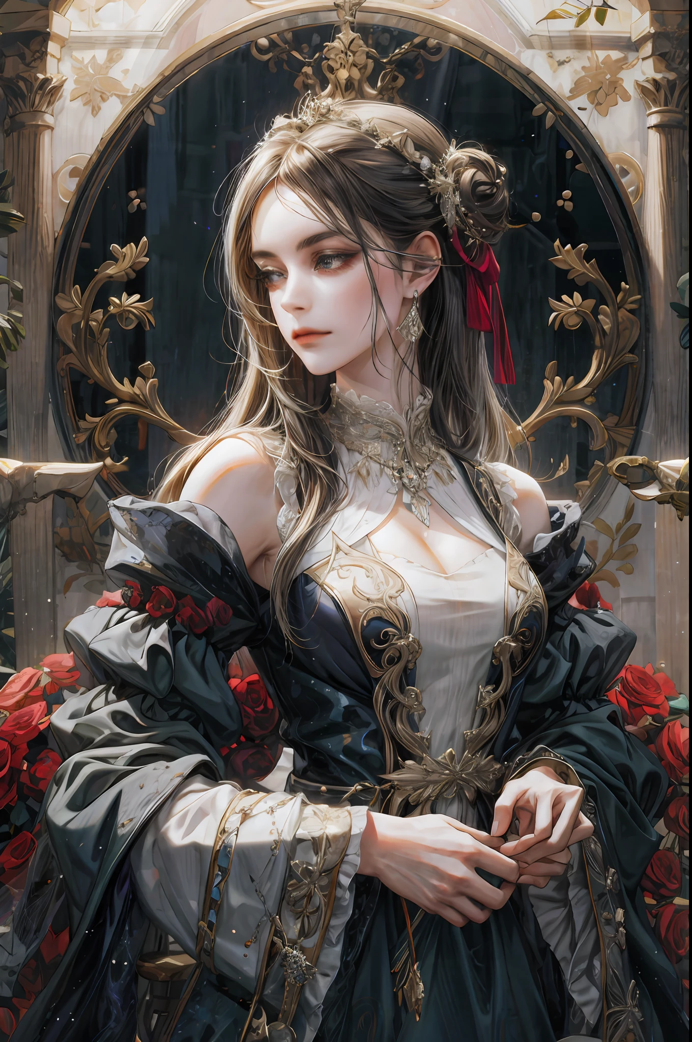 (absurdres, highres, ultra detailed), 1girl, solo, mature, Baroque, long dress, long sleeve, elegant, colorful, highest detailed, upper body