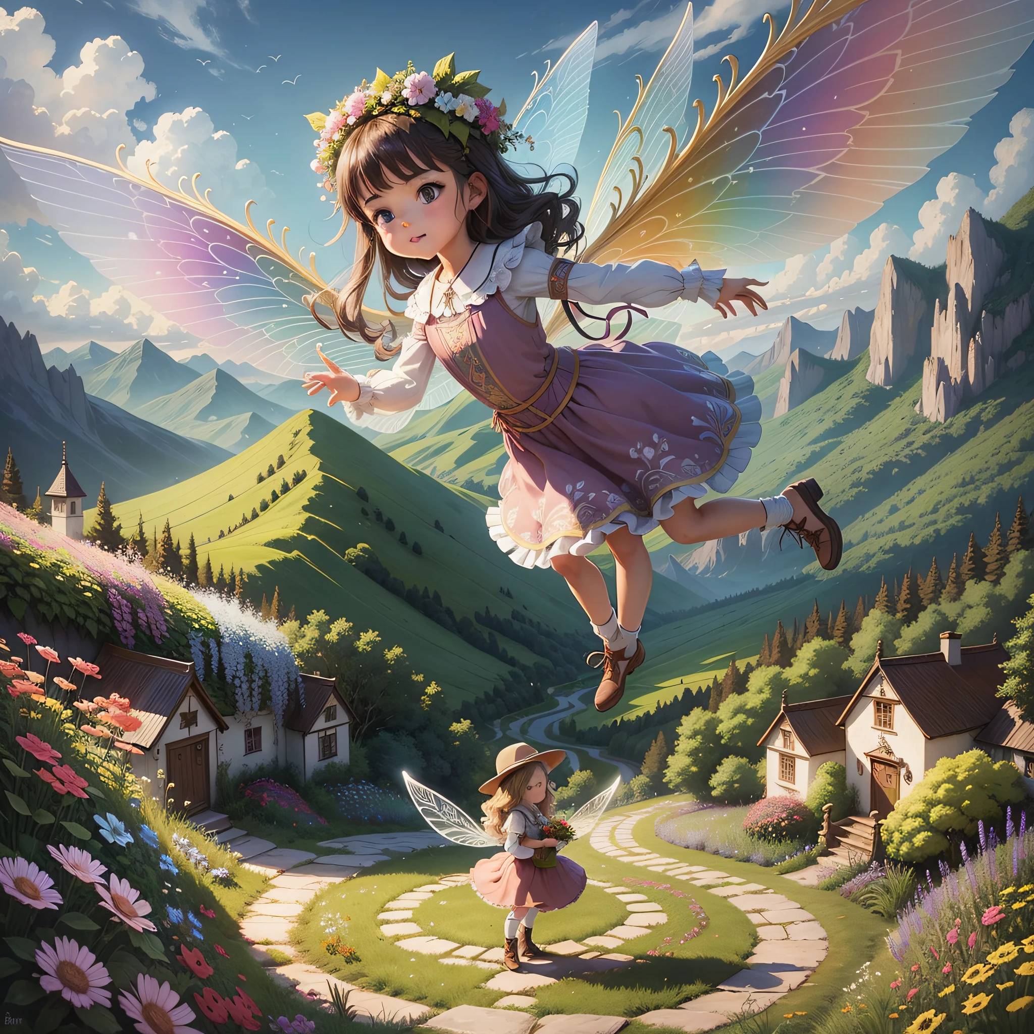Little girl in her garden receiving a magical seed of a beautiful fairy with beautiful wings to plant in her garden with a landscape on the background of mountains bright colors beautiful drawing for children to love --auto --s2