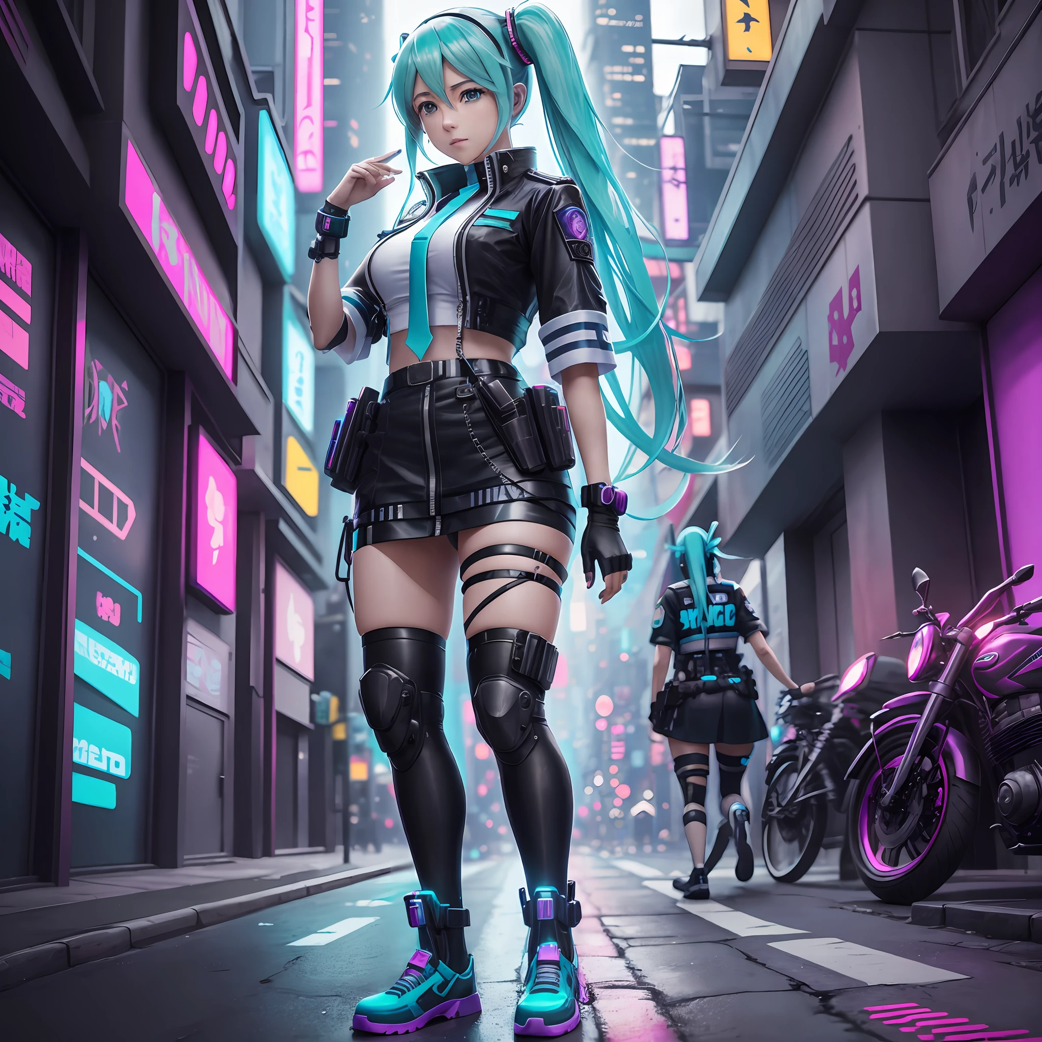 woman in police uniform walking down a street, Hatsune Miku cosplay, female cyberpunk anime girl, cyberpunk anime, cyberpunk anime girl, anime cosplay, cyberpunk girl, anime girl in real life, cyberpunk streets in, cyberpunk style, cyberpunk outfit, has cyberpunk style, oppai cyberpunk, full cosplay --auto --s2