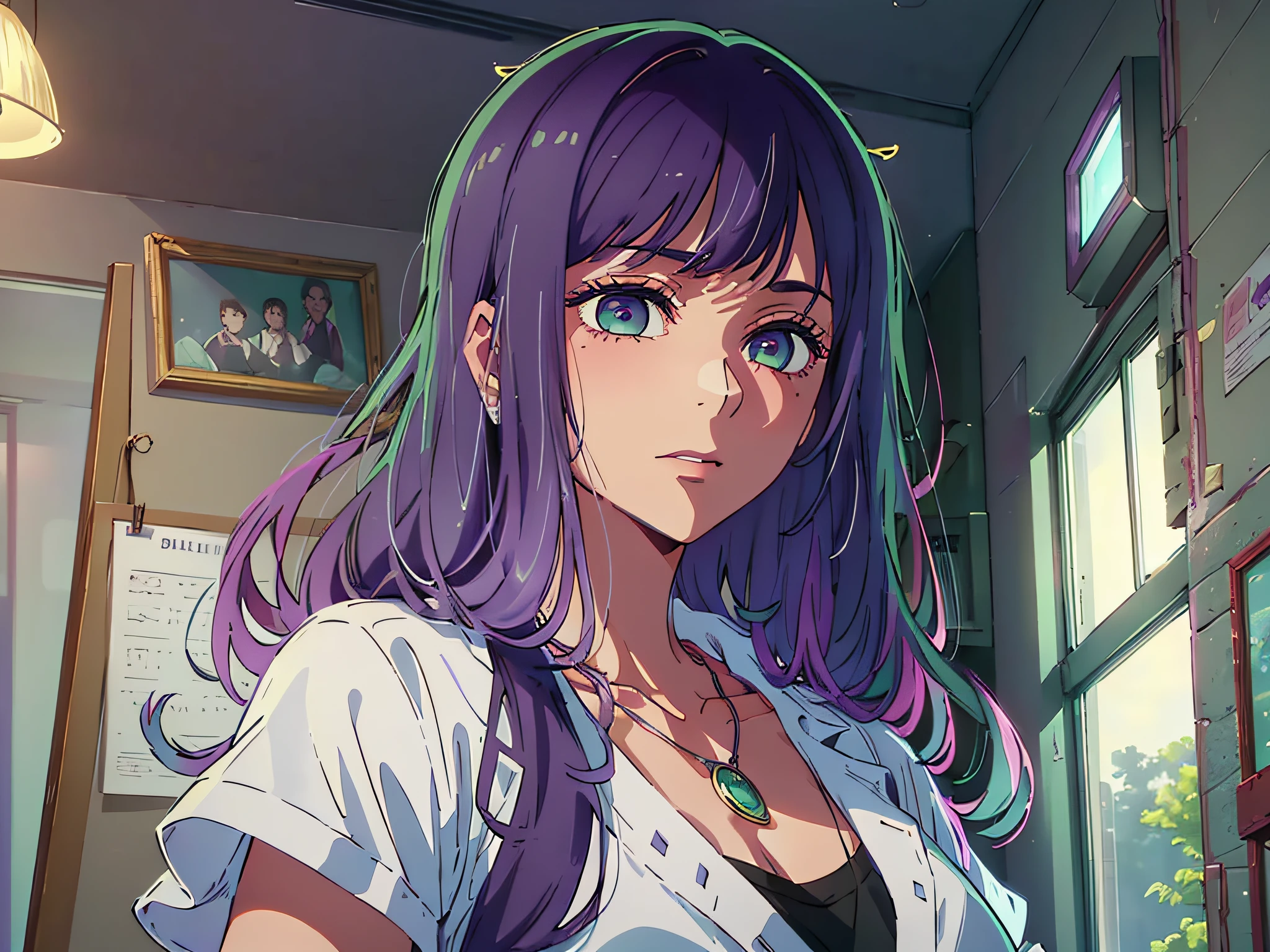 High resolution, highest quality, illustration, super detailed, (detailed face), (detailed eyes), cinematic lighting, best quality, super detailed, masterpiece, fine lines, 1girl, solo, purple hair, purple eyes, white coat, pink shirt, jewelry, necklace, glowing eyes, medium breasts, light, (colored), upper body, scissors in hand, indoor, well-behaved girl