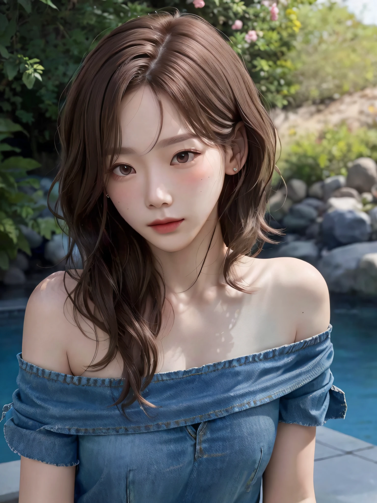 film photography, 1girl, red swimsuit, denim short, medium breast, wavy shoulder-length hair, full body, drunk blush, serene, calm, (realistic detailed eyes, natural skin texture, realistic face details), soft dramatic lighting, depth of field, bokeh, vibrant details, finely detailed, hyperrealistic