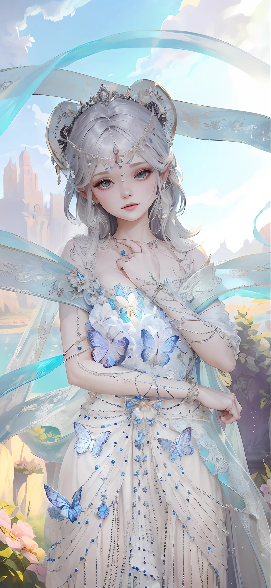 there is a woman in a white dress with a veil and a butterfly headpiece, ((a beautiful fantasy empress)), ethereal wings, a beautiful fantasy empress, ethereal!!!!!!!, ethereal beauty, ethereal skin, ethereal fantasy, dreamy and detailed, ethereal details, aesthetic cute with flutter, fantasy aesthetic!, (ethereal), 8k high quality detailed art, astral fairy