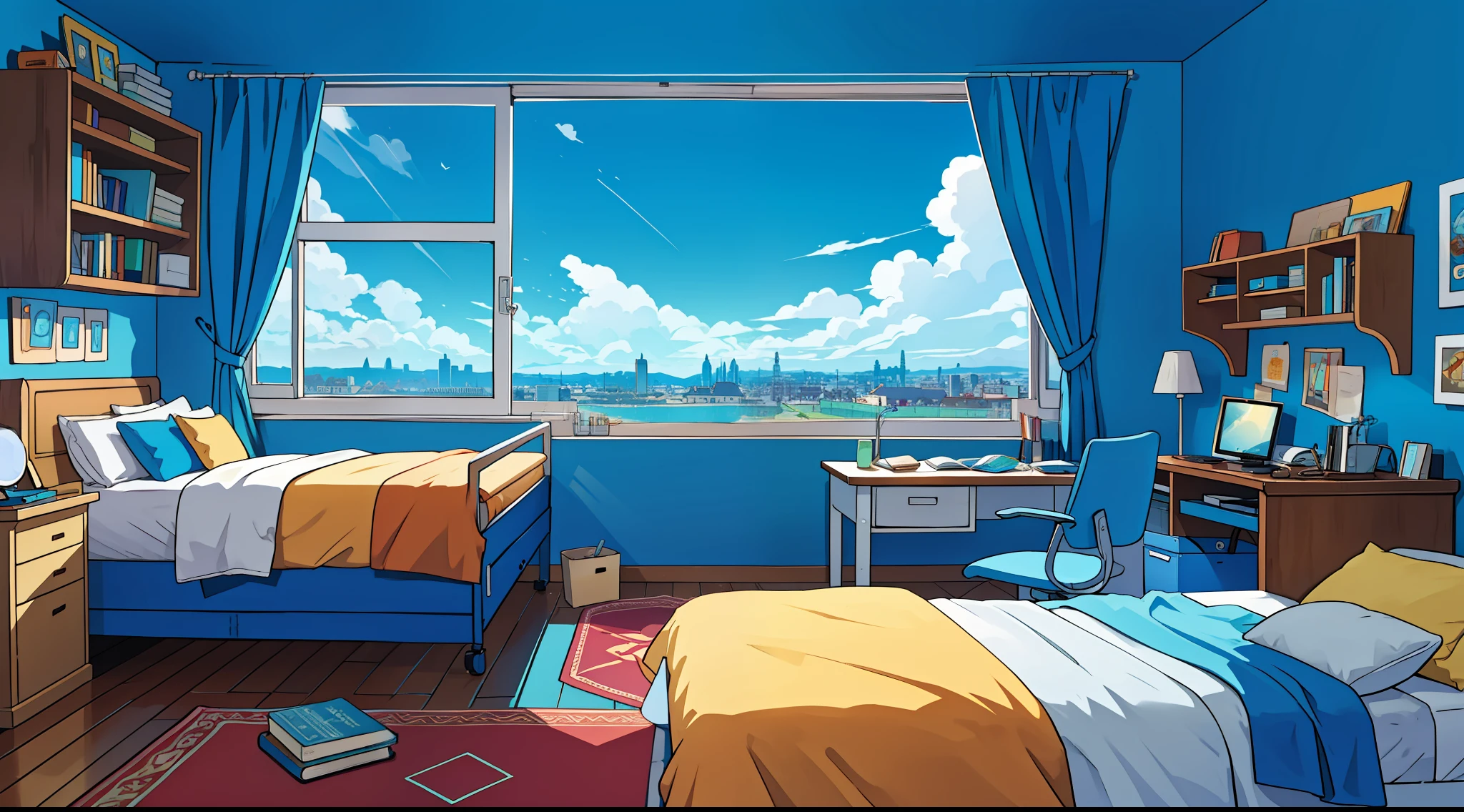 A teenager's room with computer, bed, books and a jenela with blue sky and sun