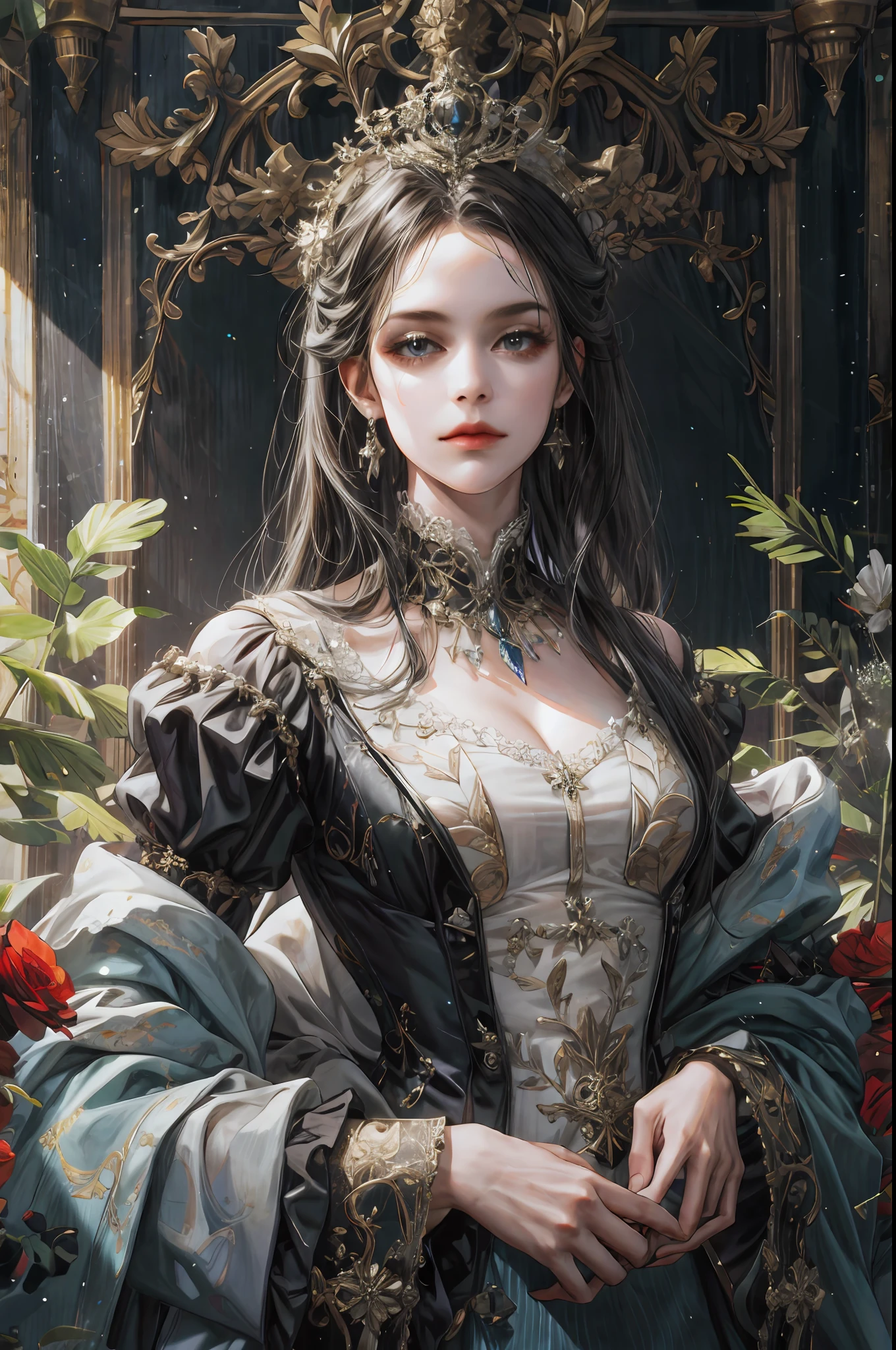 (absurdres, highres, ultra detailed), 1girl, solo, mature, Baroque, long dress, long sleeve, elegant, colorful, highest detailed, upper body