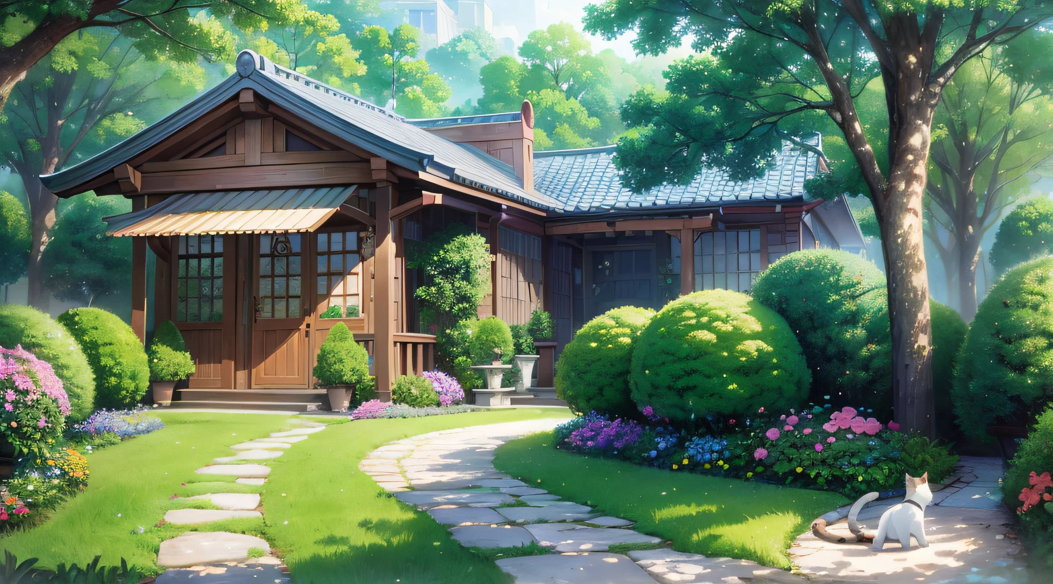 masterpiece, best quality, official art, extremely detailed CG 8k wallpaper, outdoor, cat night, spring \(season\), rainy sky, studio ghibli, garden, villa,