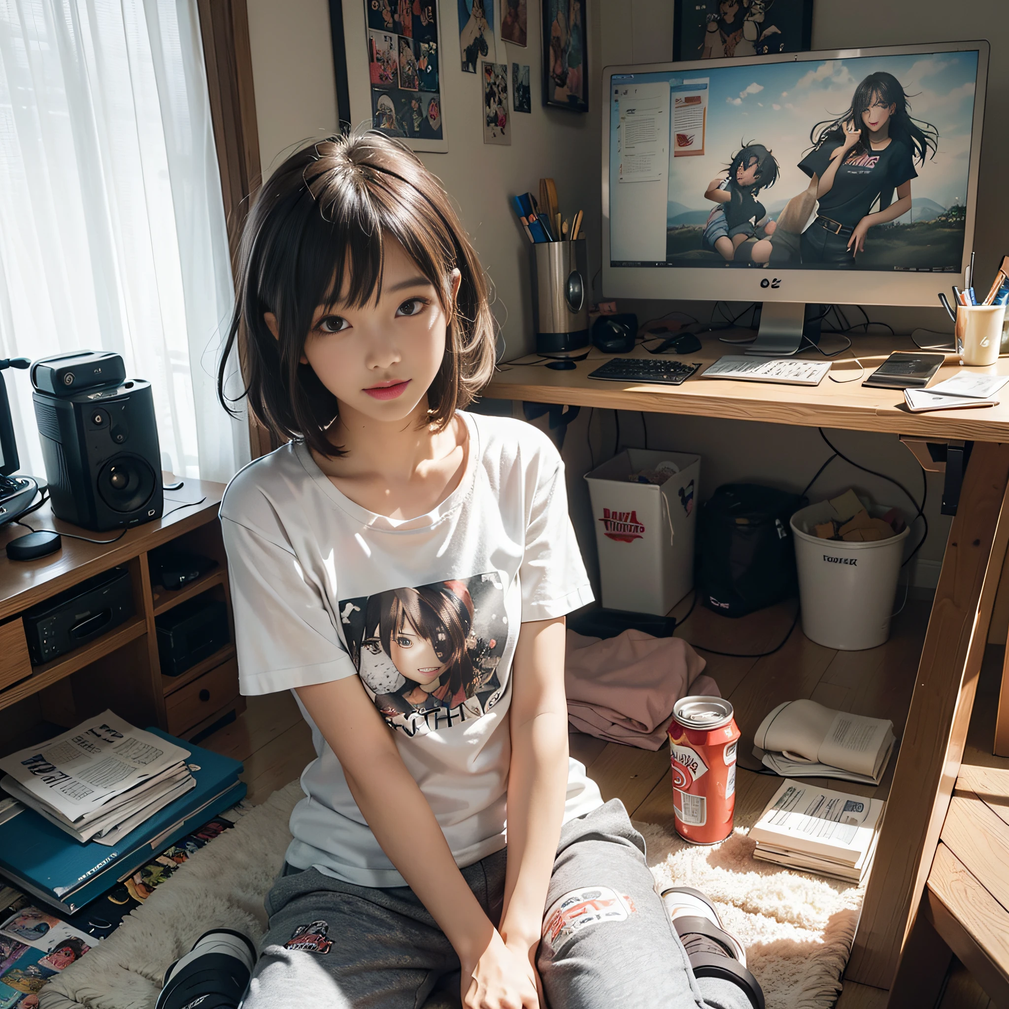 (8k, RAW photos, best quality, masterpieces, : 1.2), (realistic, photorealistic: 1.37), (1 girl, solo: 1.3), 18 years old Japan girls living in a dirty room, (dreamy, soft pastels, bedroom, cozy atmosphere, warm lighting: 1.2), anime otaku girls, black hair, short hair, (disheveled hair, unkempt hair: 1.3), bangs, smile, happy look, small bust, wearing glasses, (crop t-shirt with anime character print: 1.3), sweatpants, shorts, loungewear, headphones, sitting on the floor, scruffy posture, cross-legged, relaxed, cheerful, (heaped comics littered on the floor: 1.3), (littered with garbage, messy room, Clothes left undressed on the floor, empty cans lying on the floor: 1.3), (figure collection case, decorated with many anime character figures: 1.3), (many posters of anime characters on the wall: 1.3), stuffed animals, watching anime on the monitor, potato chips on the desk, spilled potato chips, Energy drinks on your desk, ultra-high resolution, physically based rendering, cinematic lighting, dynamic angles