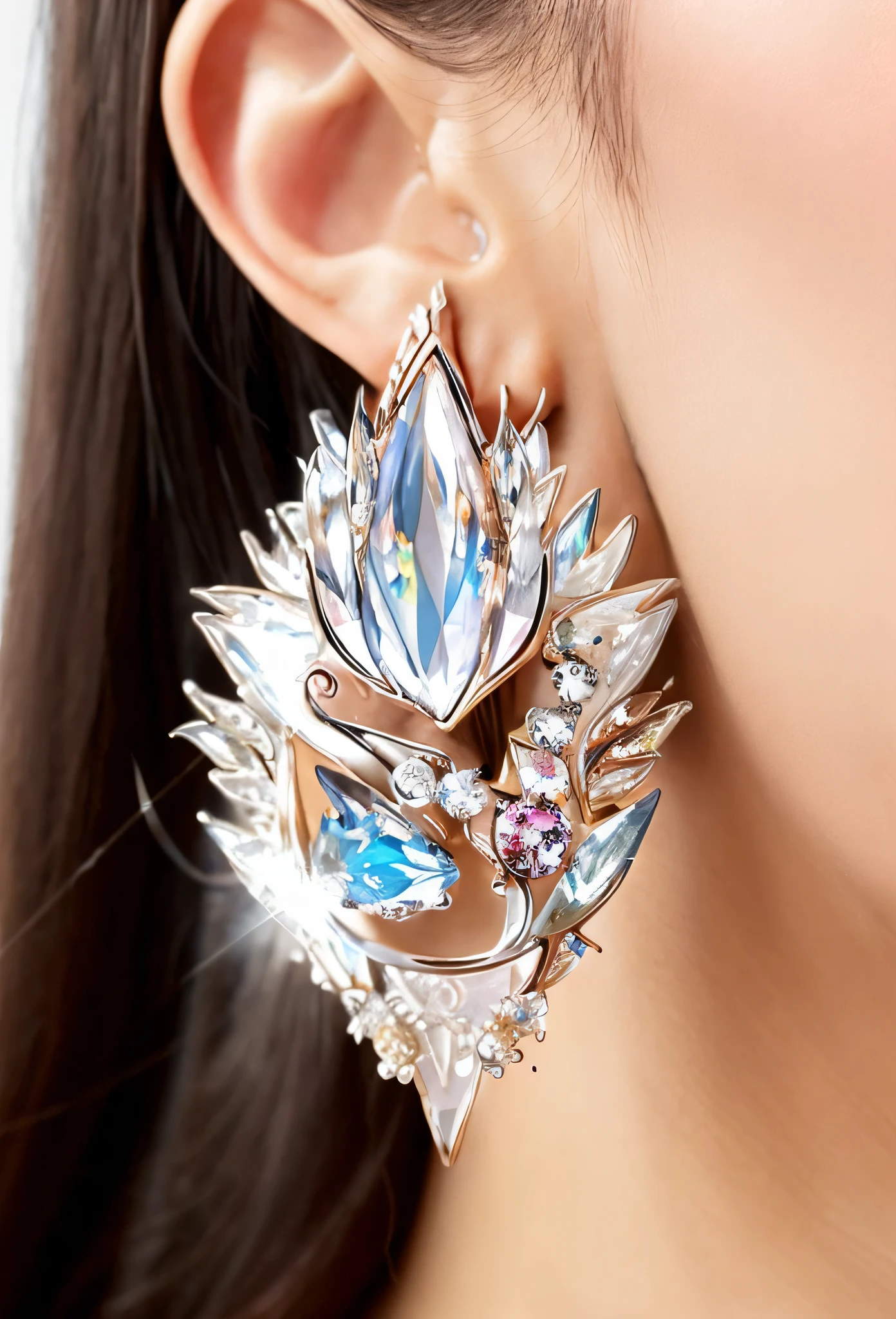 a close up of a woman wearing a pair of earrings, an earring, earring, wearing ornate earrings, earrings, huge earrings, giant earrings, earings, super intricate jewelry, jewelry iridescent, jeweled, close up details, ornate colored gems and crystals, big earrings, intricate and elegant, stunning details, stunning detail, jewelry photography, detailed jewellery