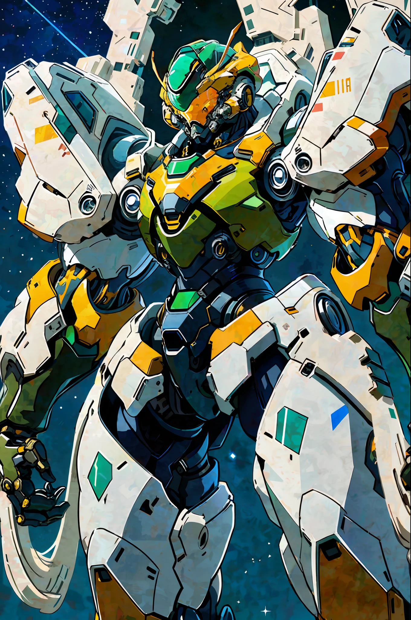 1 girl wearing mecha suit, camouflage, concept art running on the battlefield
Ink art, flat color, high contrast, fashion
Absurd, best quality, negative space, starry sky, bright starry sky