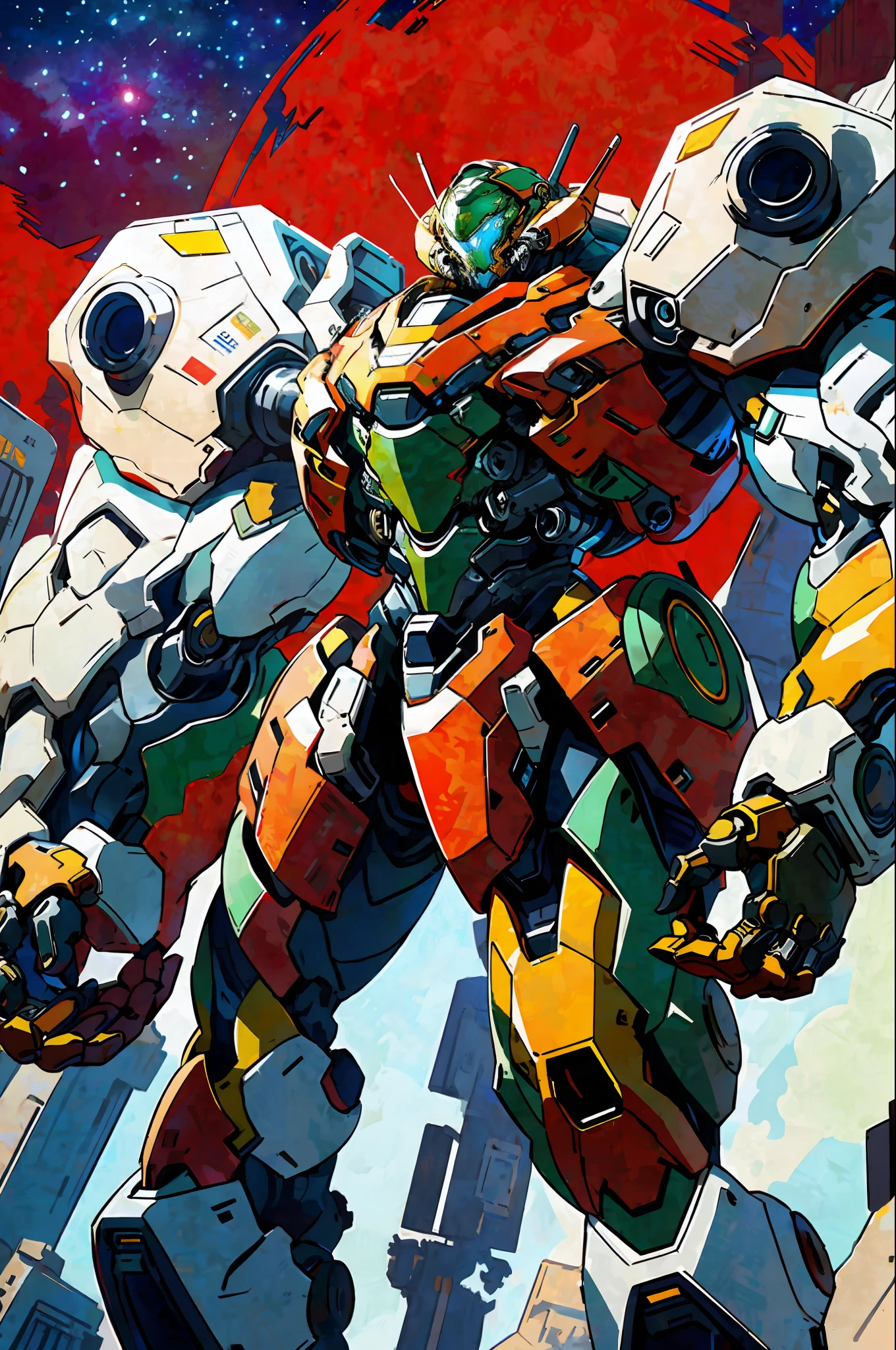 1 girl wearing mecha suit, camouflage, concept art running on the battlefield
Ink art, flat color, high contrast, fashion
Absurd, best quality, negative space, starry sky, bright starry sky