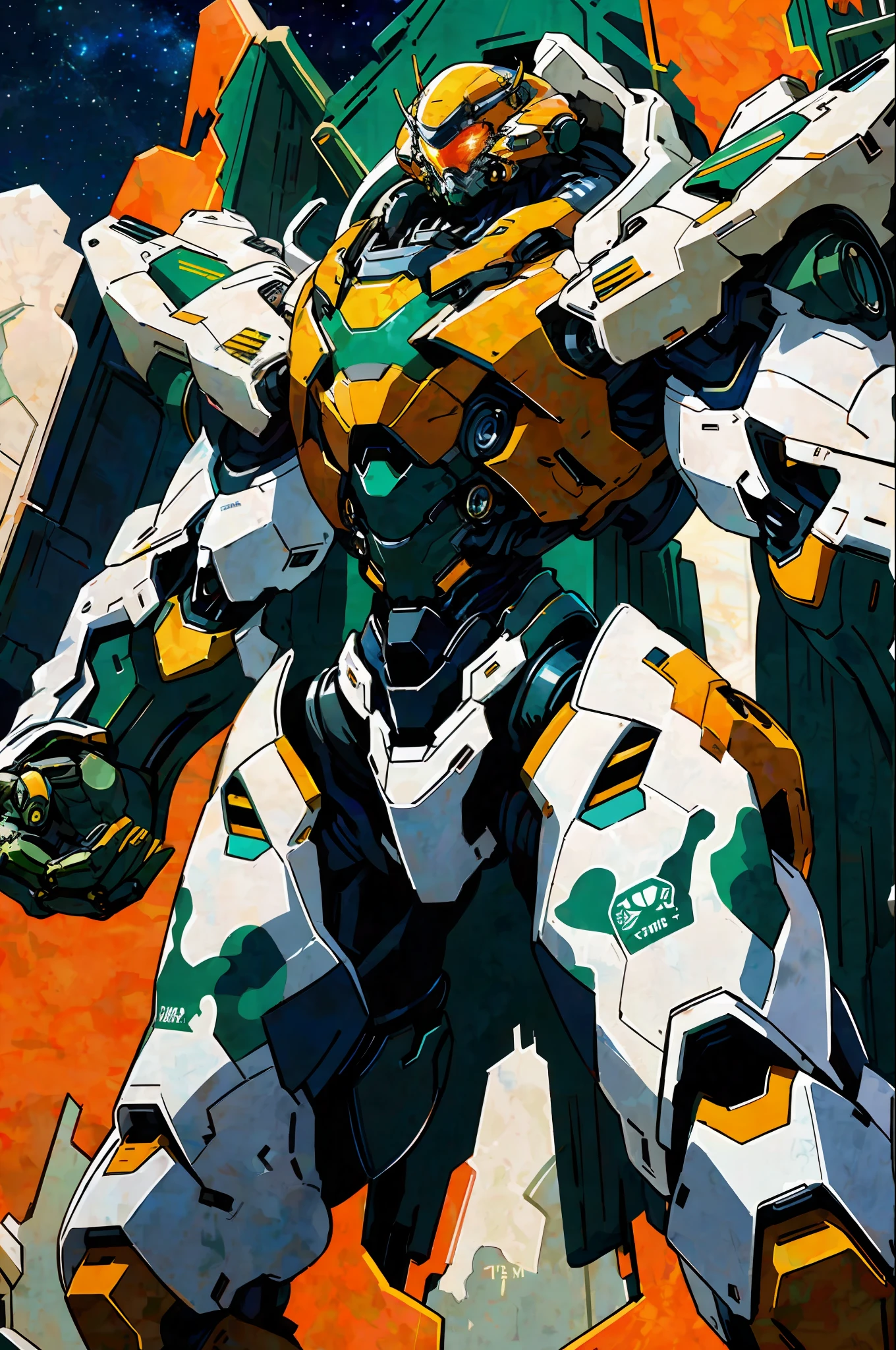1 girl wearing mecha suit, camouflage, concept art running on the battlefield
Ink art, flat color, high contrast, fashion
Absurd, best quality, negative space, starry sky, bright starry sky
