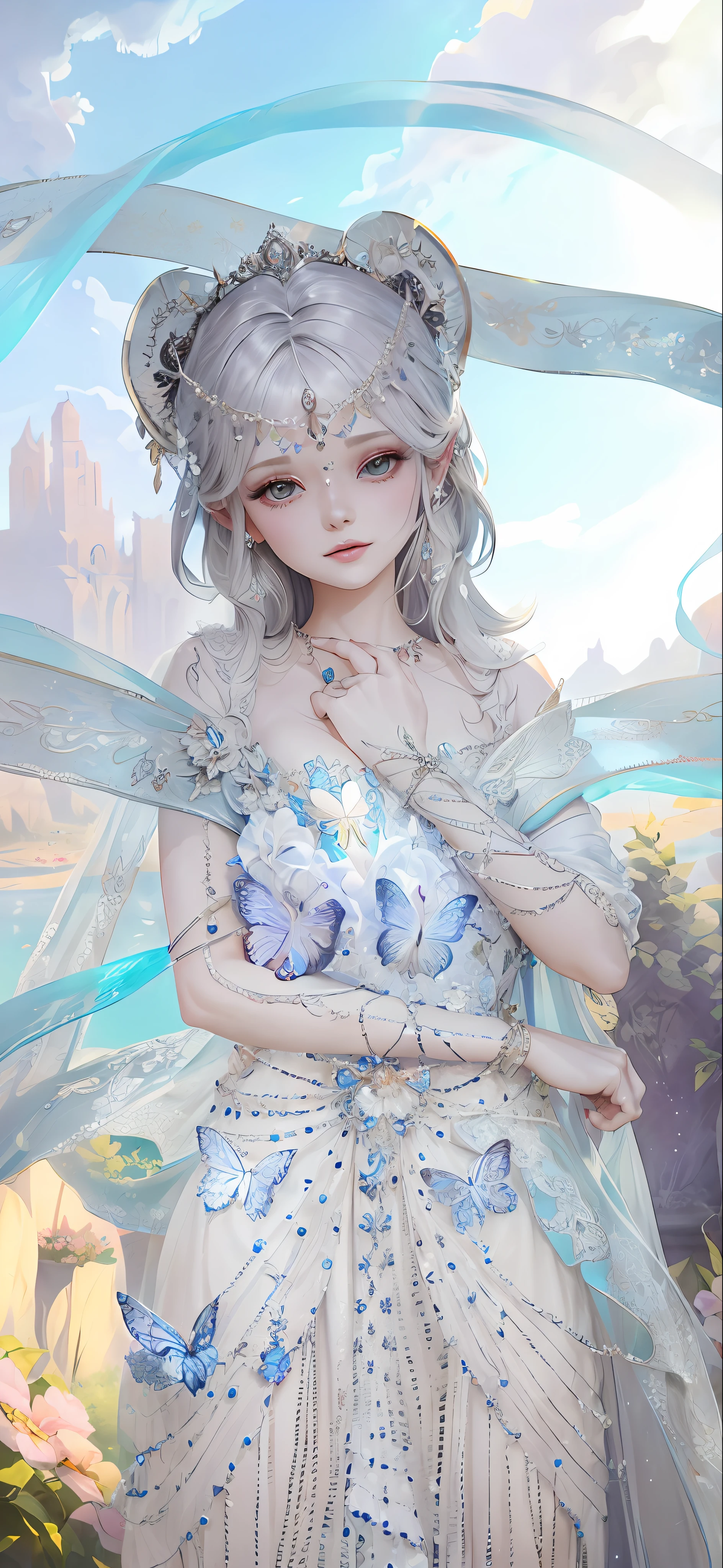 there is a woman in a white dress with a veil and a butterfly headpiece, ((a beautiful fantasy empress)), ethereal wings, a beautiful fantasy empress, ethereal!!!!!!!, ethereal beauty, ethereal skin, ethereal fantasy, dreamy and detailed, ethereal details, aesthetic cute with flutter, fantasy aesthetic!, (ethereal), 8k high quality detailed art, astral fairy