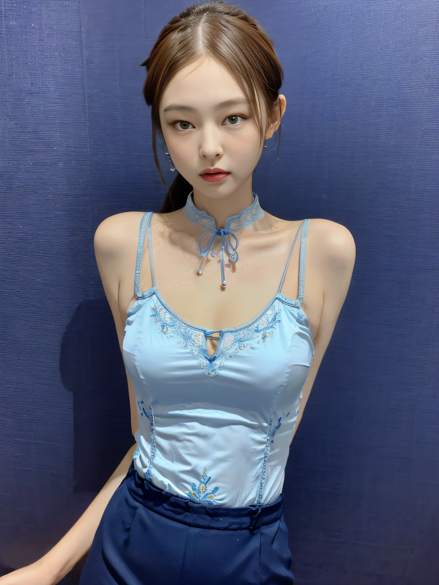 ((Night view, realistic light, best quality, 8k, masterpiece: 1.3)), 1girl, beautiful woman with slim figure, brown hair, ponytail, wearing light blue suspender cheongsam, embroidered phoenix pattern, sleeveless, sexy, cleavage, split end, long legs, standing pose, close-up, super detailed face, detailed eyes, double eyelids