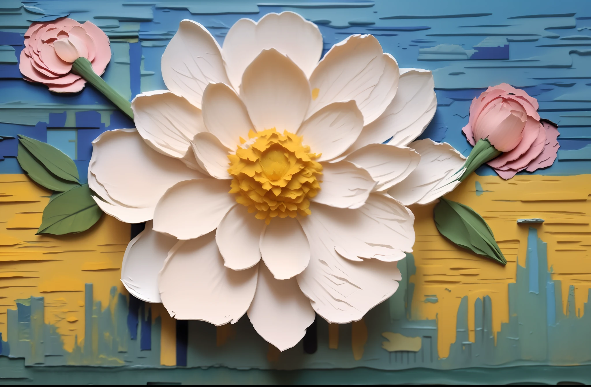there is a paper flower on a wall with a city in the background, oil paint impasto reliefs, oil paint impasto relief, detailed impasto, detailed impasto brushwork, depicting a flower, layered impasto, mixed media 3 d collage, heavy impasto technique, surrounded flower, thick impasto paint