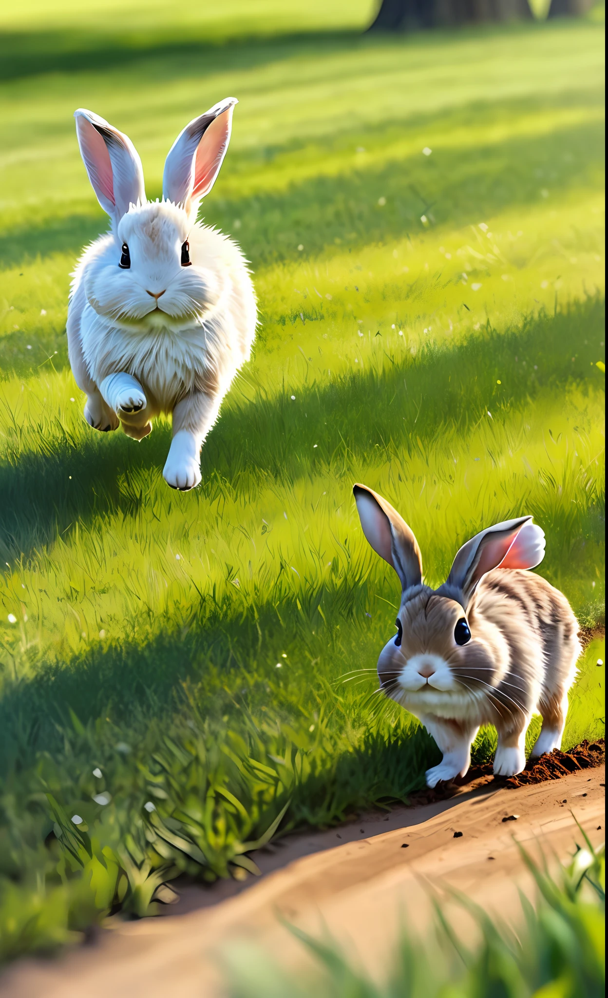 ((masterpiece, best quality)), soil, animal ears, fluffy rabbit, rabbit ears, running, grass, outdoor, full body, animal, sunlight, sunlight dappled, daytime, depth of field --v6