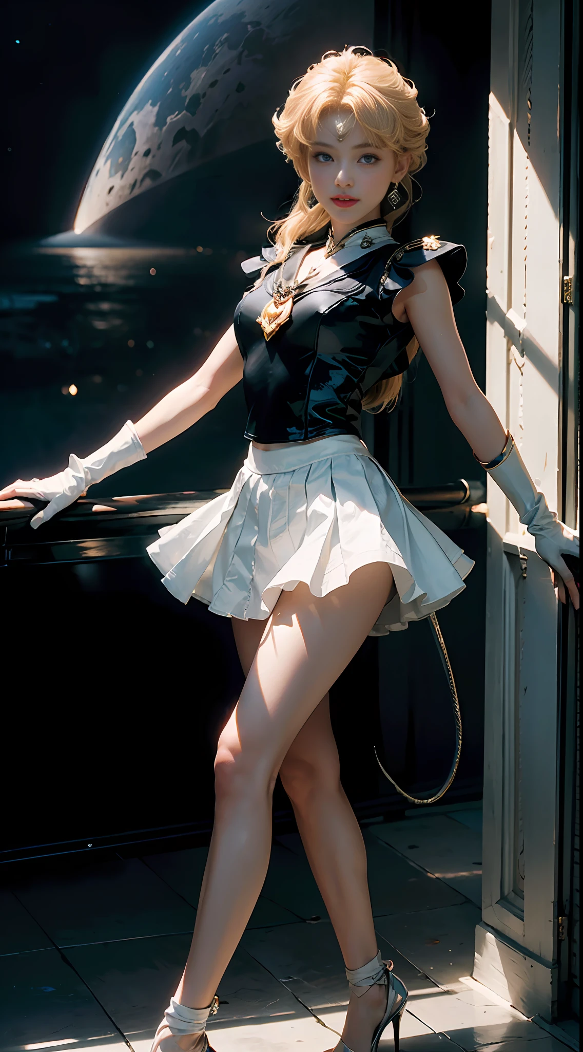 (CG Unity 8K wallpaper with extreme detail, masterpiece, highest quality), (exquisite lighting and shadow, highly dramatic picture, cinematic lens effect), (Sailor Moon: 1.1), charming smile, double tail, vibrant blue eyes, looking at the viewer with blond hair, white tight-fitting top, white gloves, mini skirt, dynamic pose), the background is the universe (excellent detail, excellent lighting, wide angle), (excellent rendering, enough to stand out in its class),