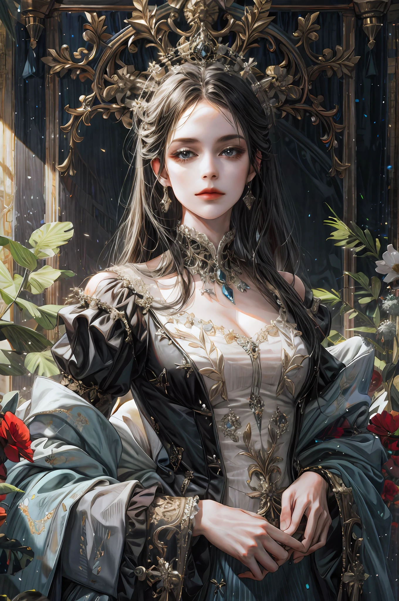 (absurdres, highres, ultra detailed), 1girl, solo, mature, Baroque, long dress, long sleeve, elegant, colorful, highest detailed, upper body