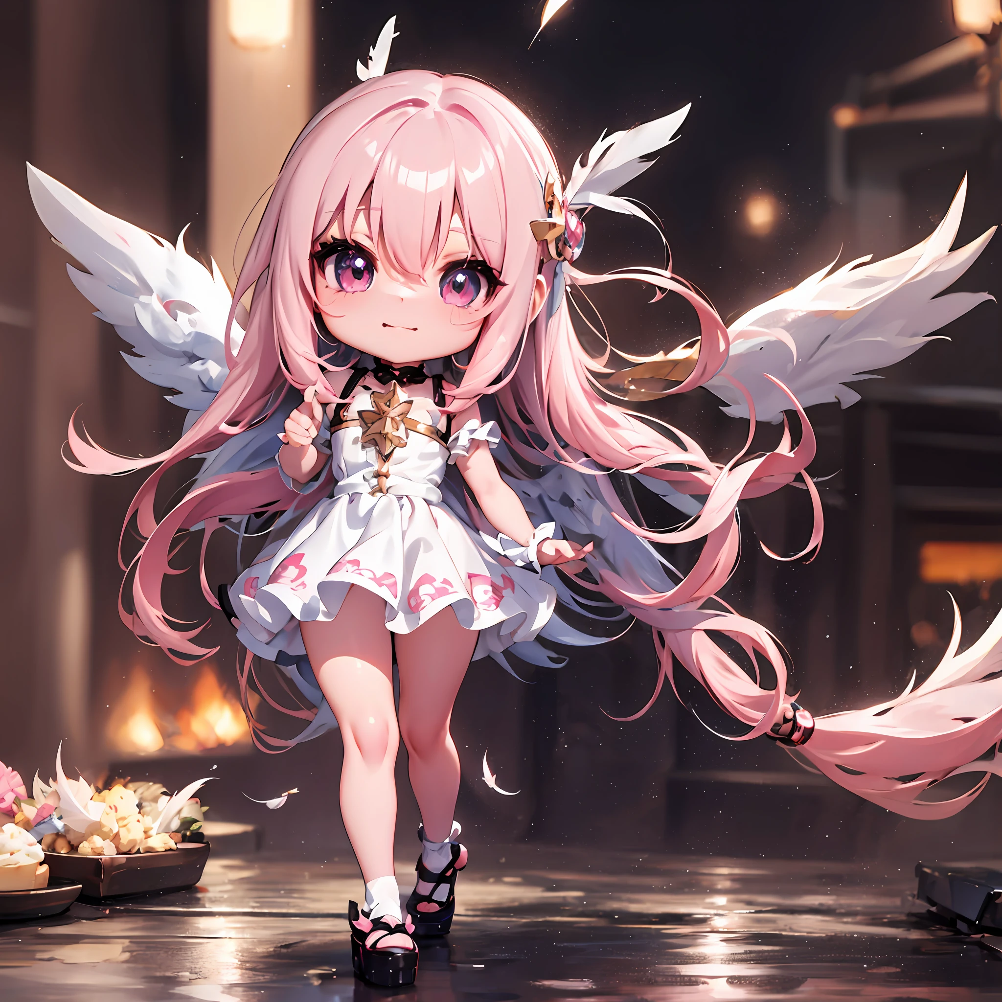 1 anime angel doll, (Chibi: 1.2), 8K high quality detail art, white feathers on the back, pink hair, gradient, twinkle, style as Nendoroid, stylized anime, anime style 4K, cute detailed digital art, Guweiz style artwork, 8K octar rendering photos, advanced digital chibi art, Cute 3d render, anime style, light, glow