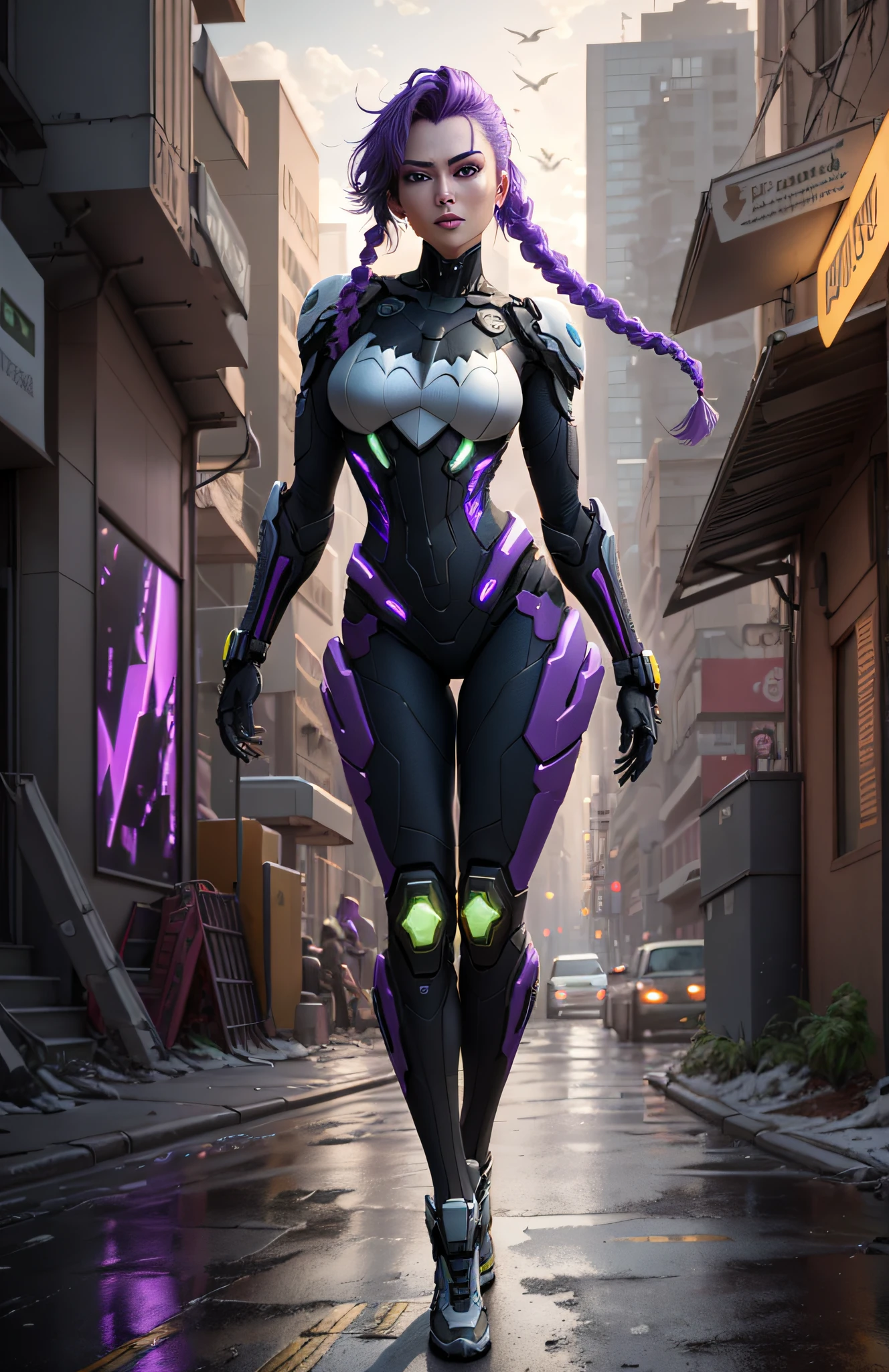 (Best Quality)), ((Masterpiece)), (Very Detailed: 1.3), 3D, Beautiful cyberpunk woman, batman cosplay, sci-fi technology, HDR (High Dynamic Range), ray tracing, nvidia RTX, super resolution, unreal 5, subsurface scattering, PBR texture, post-processing, anisotropic filtering, depth of field, maximum sharpness and sharpness, multi-layer texture, specular and albedo mapping, surface shading, accurate simulation of light-material interactions, perfect proportions, octane rendering, duotone lighting, low ISO, white balance, rule of thirds, wide aperture, 8K RAW, high efficiency subpixels, subpixel convolution, light particles, light scattering, Tyndall effect, very sexy, full body, battle pose, purple hair with braids,