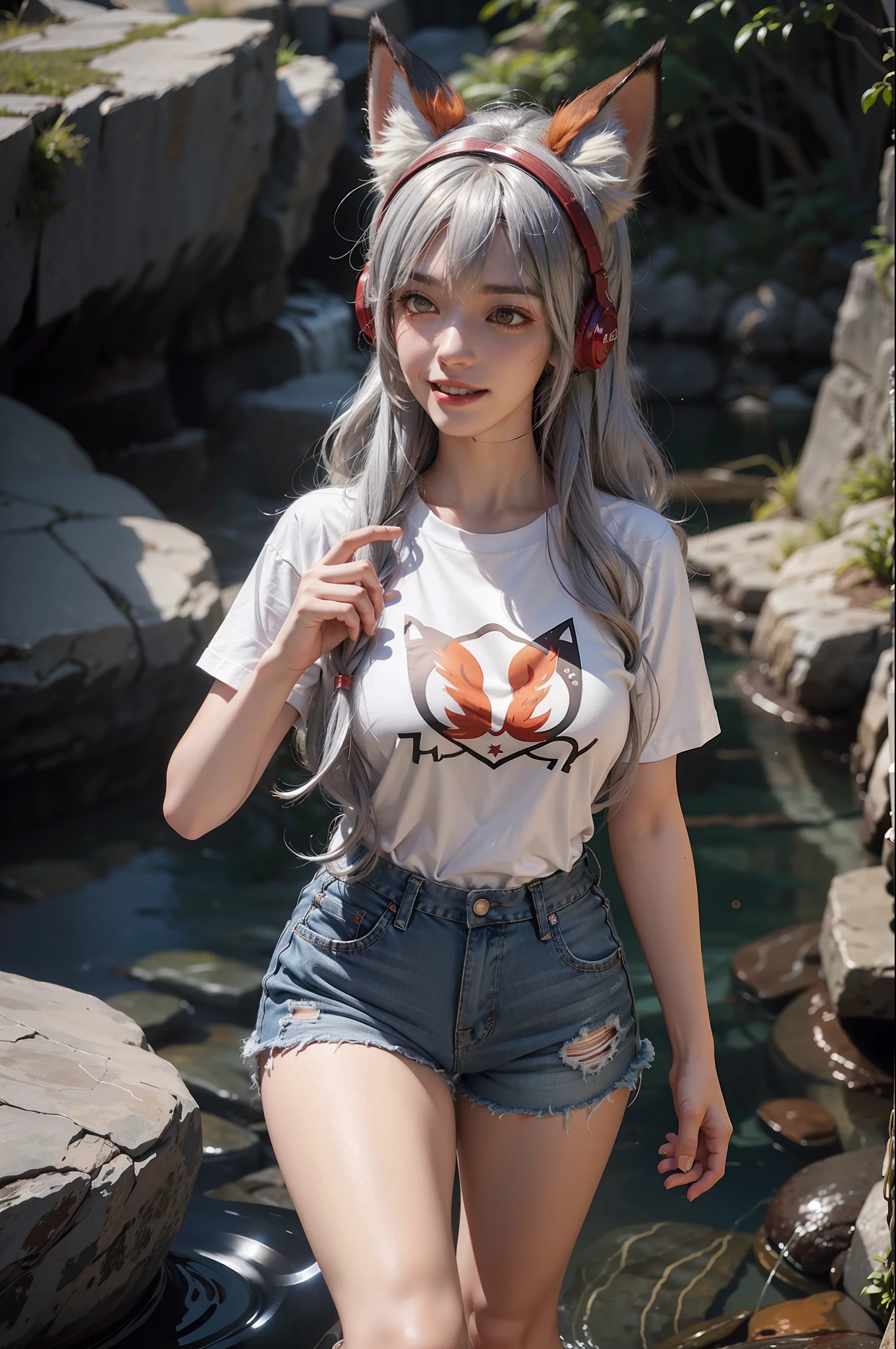 1 girl, curly fluffy silver hair, headphones, fox ears, fox tail, conservatively dressed, white t-shirt, shorts, creek, rocks, evil laugh, red eyes, red bangs, hair dye, starry eyes, character focus, Tyndall effect, cinematic lighting,