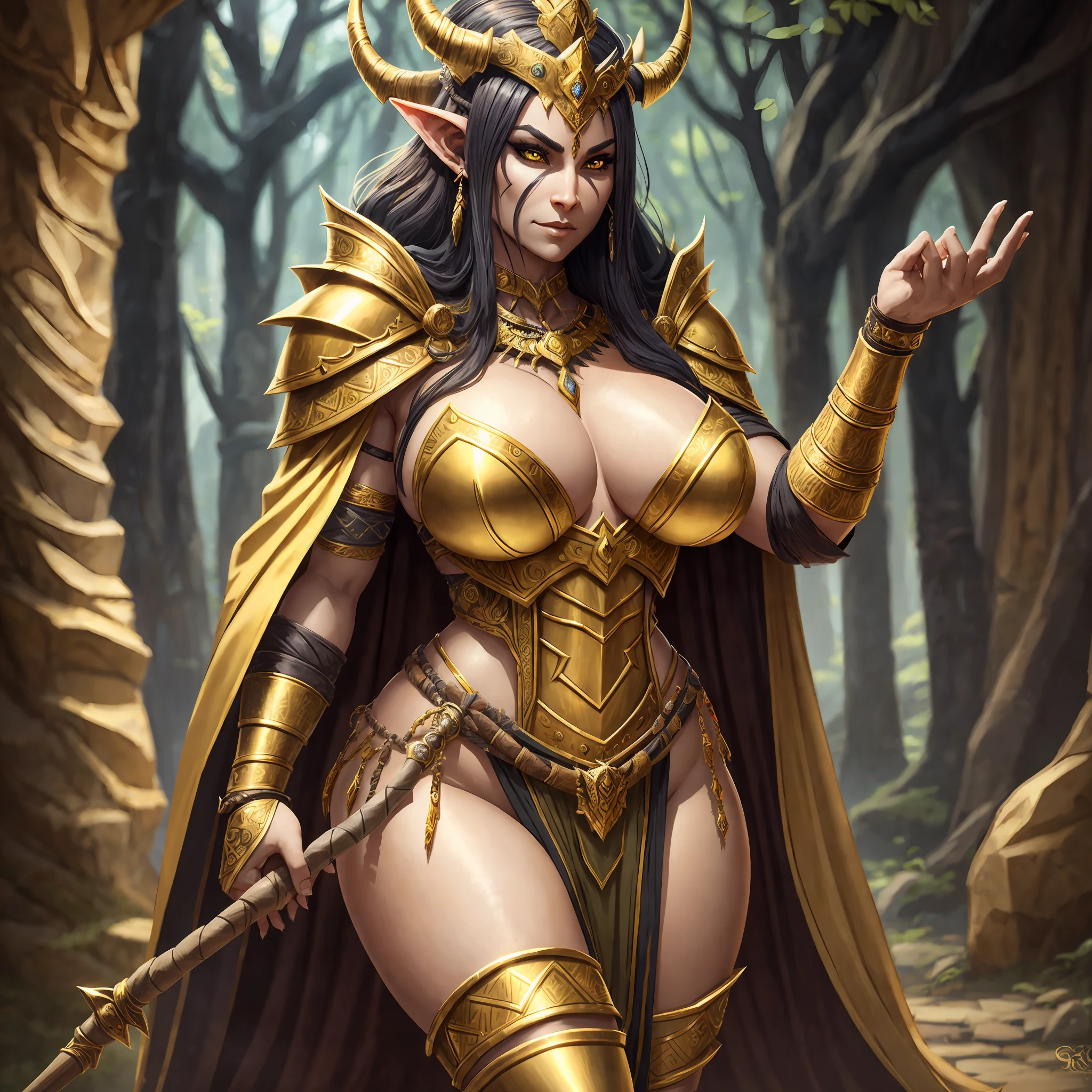 beautiful female orc queen, with big thighs, nice hips, nice waist, big breasts, flowing hair, wearing animal skin clothes,pelvial drape, golden crown, animal skin cloak, golden armor and adorned with animal bones , 8k ultra realistic --auto --s2