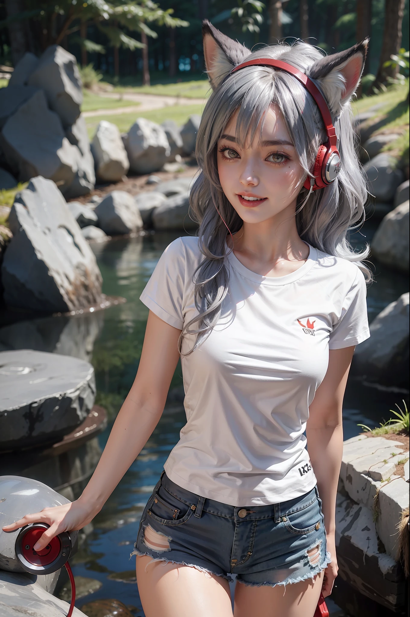 1 girl, curly fluffy silver hair, headphones, fox ears, fox tail, conservatively dressed, white t-shirt, shorts, creek, rocks, evil laugh, red eyes, red bangs, hair dye, starry eyes, character focus, Tyndall effect, cinematic lighting,