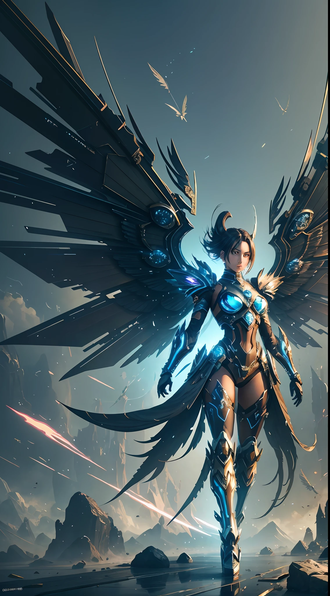 Steampunk style, cool colors, cinematic effects, futuristic sci-fi mecha, pure black mecha with strong metallic luster, metallic wings on the back, wings are feathers and layered, holding Fang Tianji, Fang Tianji particle light, Fang Tianji particle special effects, aesthetic, scattered, combat posture, battle posture display, super details, perfect details, 8K, top painting, feature article, studio environment, concept art, epic composition, with HD details, metallic texture and tension composition, hyper-realistic, ultra-realistic, rich in details.3D. C4D,