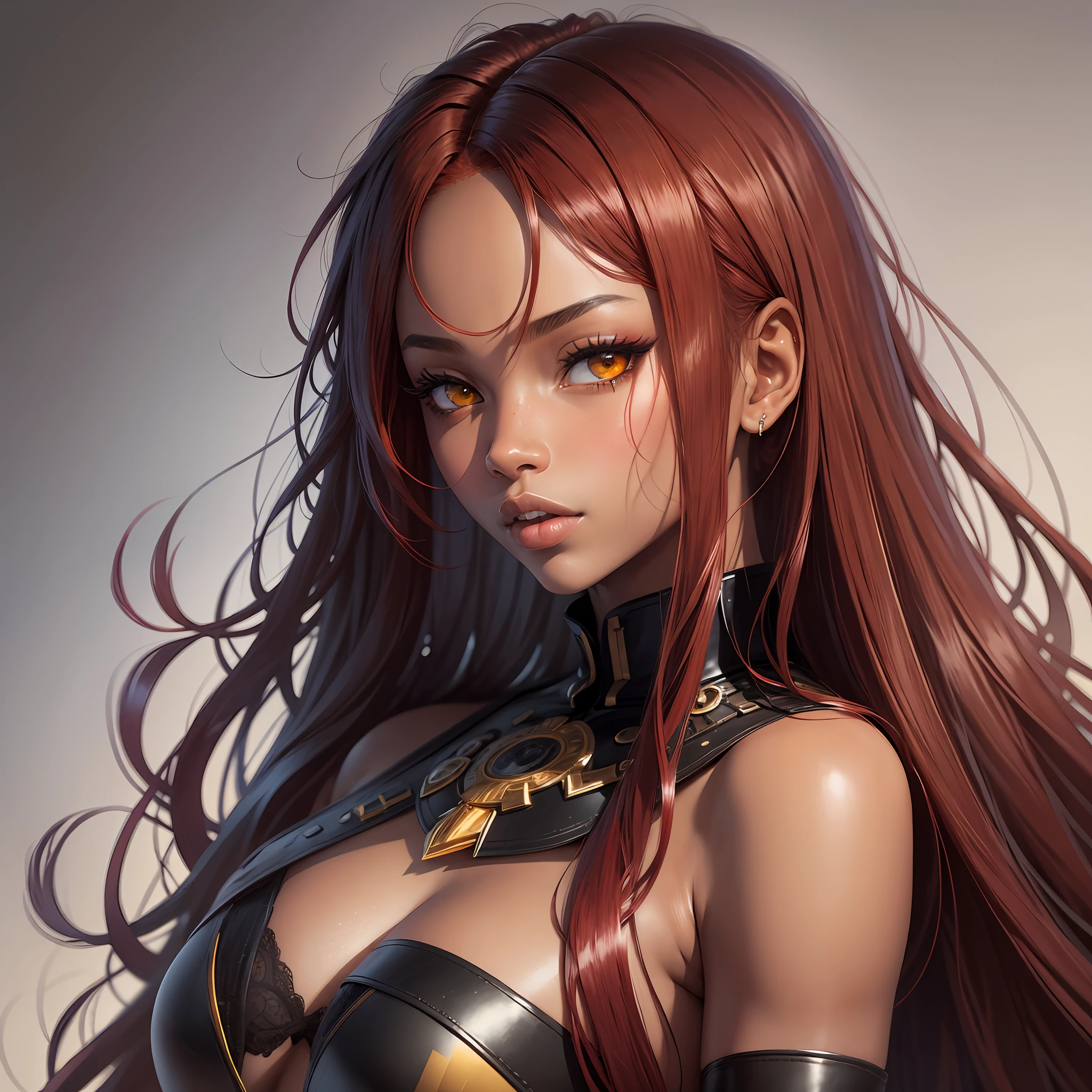 Best quality, Masterpiece, artwork, black woman, 18 years old, red hair, long hair, red, red hair, yellow eyes, amber eyes, black skin, black skin, bright red cebel, black skin. --auto --s2