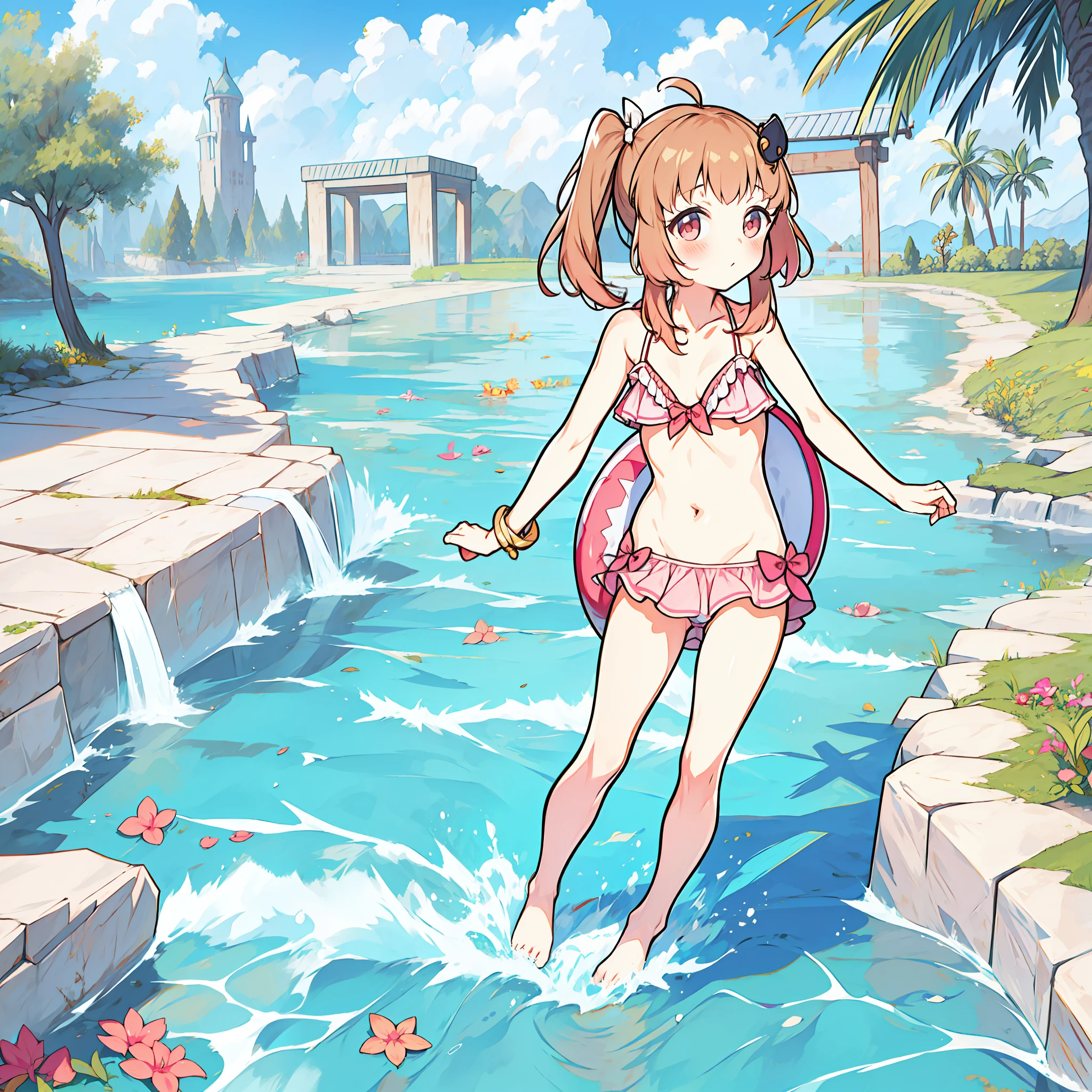 , bikini, barefoot, flat chest, urinary incontinence, urine,, blush