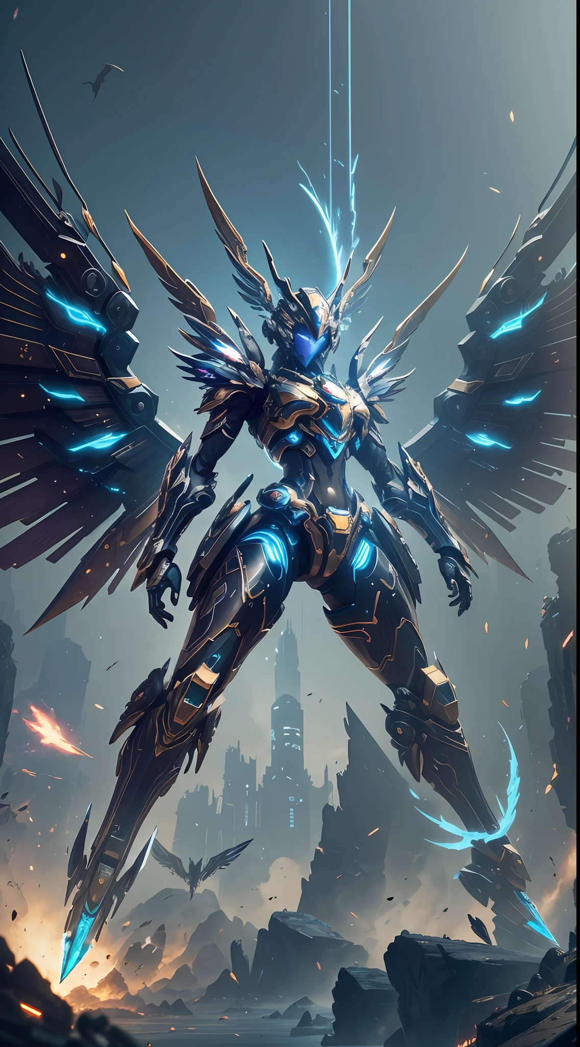 Steampunk style, cool colors, cinematic effects, futuristic sci-fi mecha, pure black mecha with strong metallic luster, metallic wings on the back, wings are feathers and layered, holding Fang Tianji, Fang Tianji particle light, Fang Tianji particle special effects, aesthetic, scattered, combat posture, battle posture display, super details, perfect details, 8K, top painting, feature article, studio environment, concept art, epic composition, with HD details, metallic texture and tension composition, hyper-realistic, ultra-realistic, rich in details.3D. C4D,