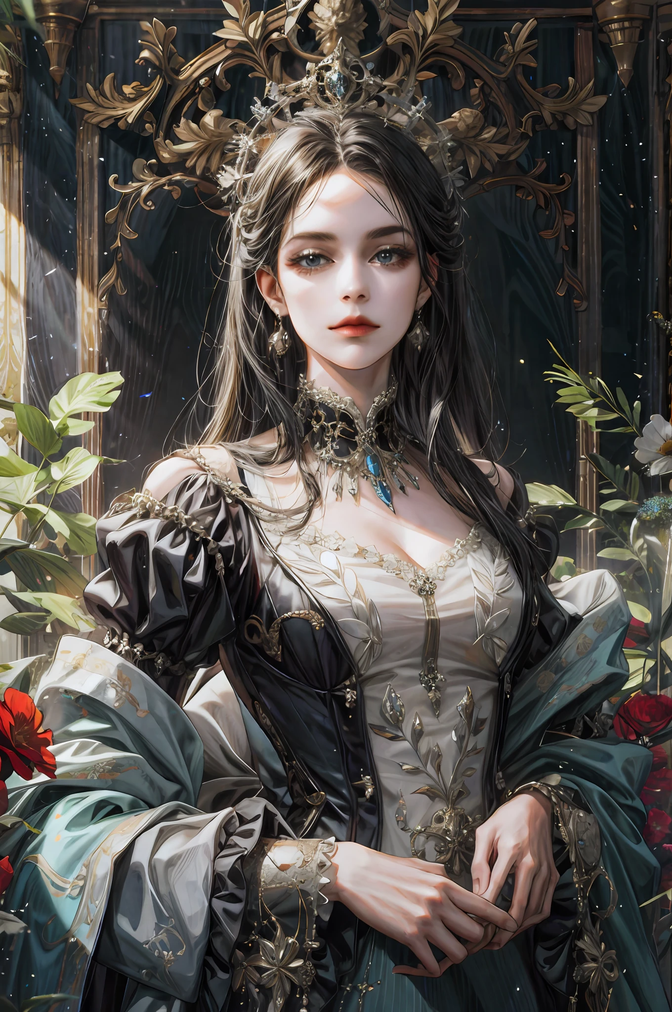 (absurdres, highres, ultra detailed), 1girl, solo, mature, Baroque, long dress, long sleeve, elegant, colorful, highest detailed, upper body