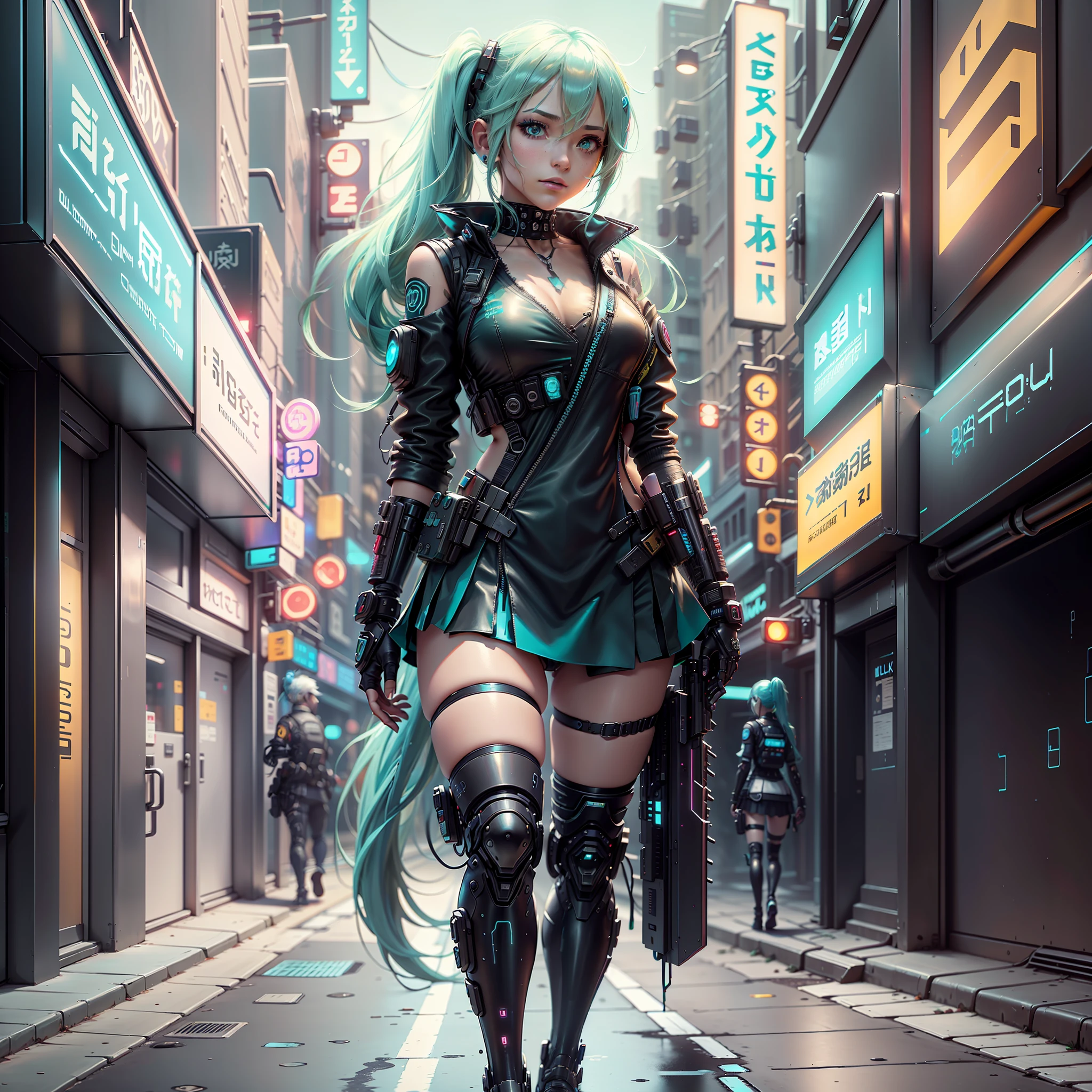 woman in police uniform walking down a street, Hatsune Miku cosplay, female cyberpunk anime girl, cyberpunk anime, cyberpunk anime girl, anime cosplay, cyberpunk girl, anime girl in real life, cyberpunk streets in, cyberpunk style, cyberpunk outfit, has cyberpunk style, oppai cyberpunk, full cosplay --auto --s2