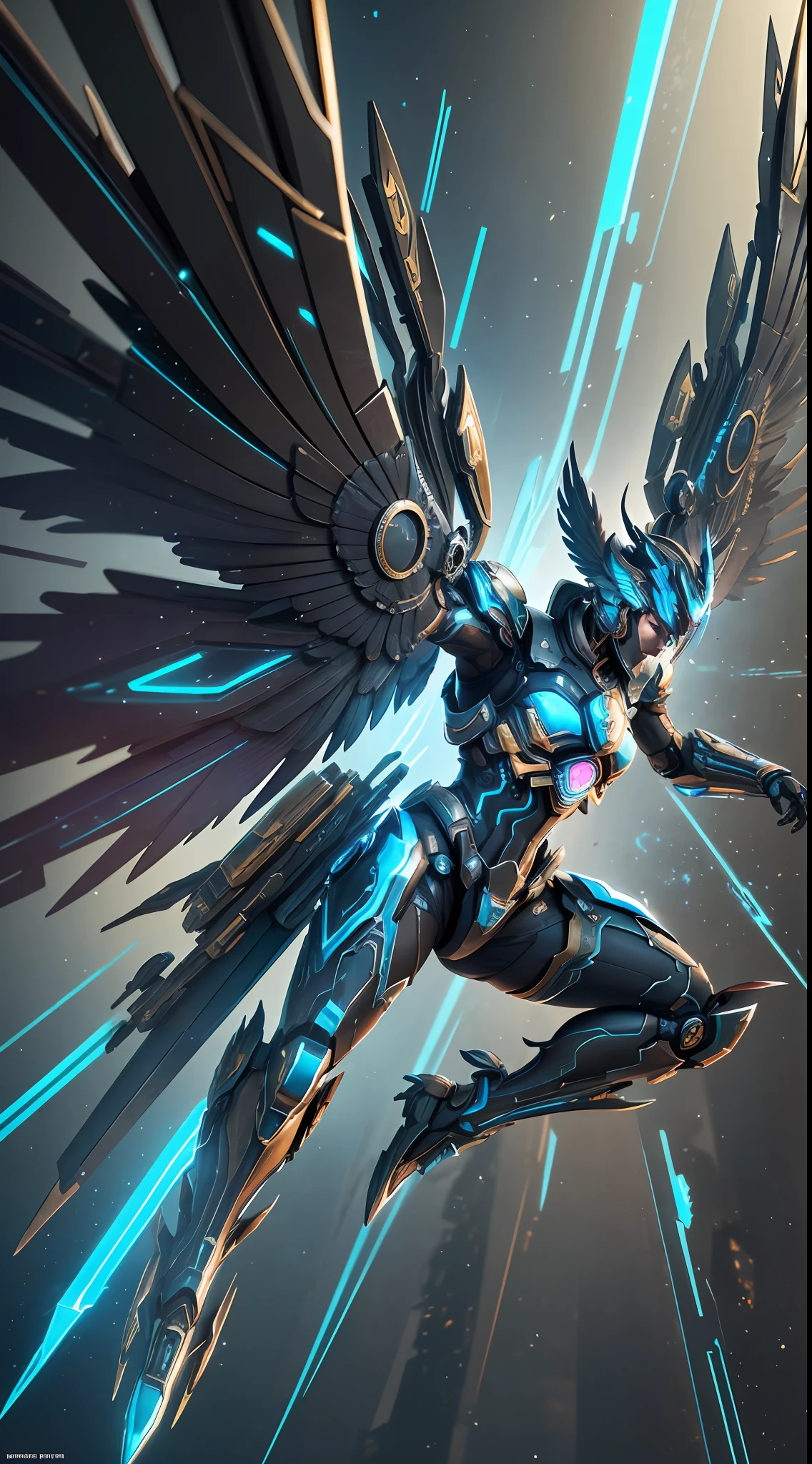 Steampunk style, cool colors, cinematic effects, futuristic sci-fi mecha, pure black mecha with strong metallic luster, metallic wings on the back, wings are feathers and layered, holding Fang Tianji, Fang Tianji particle light, Fang Tianji particle special effects, aesthetic, scattered, combat posture, battle posture display, super details, perfect details, 8K, top painting, feature article, studio environment, concept art, epic composition, with HD details, metallic texture and tension composition, hyper-realistic, ultra-realistic, rich in details.3D. C4D,
