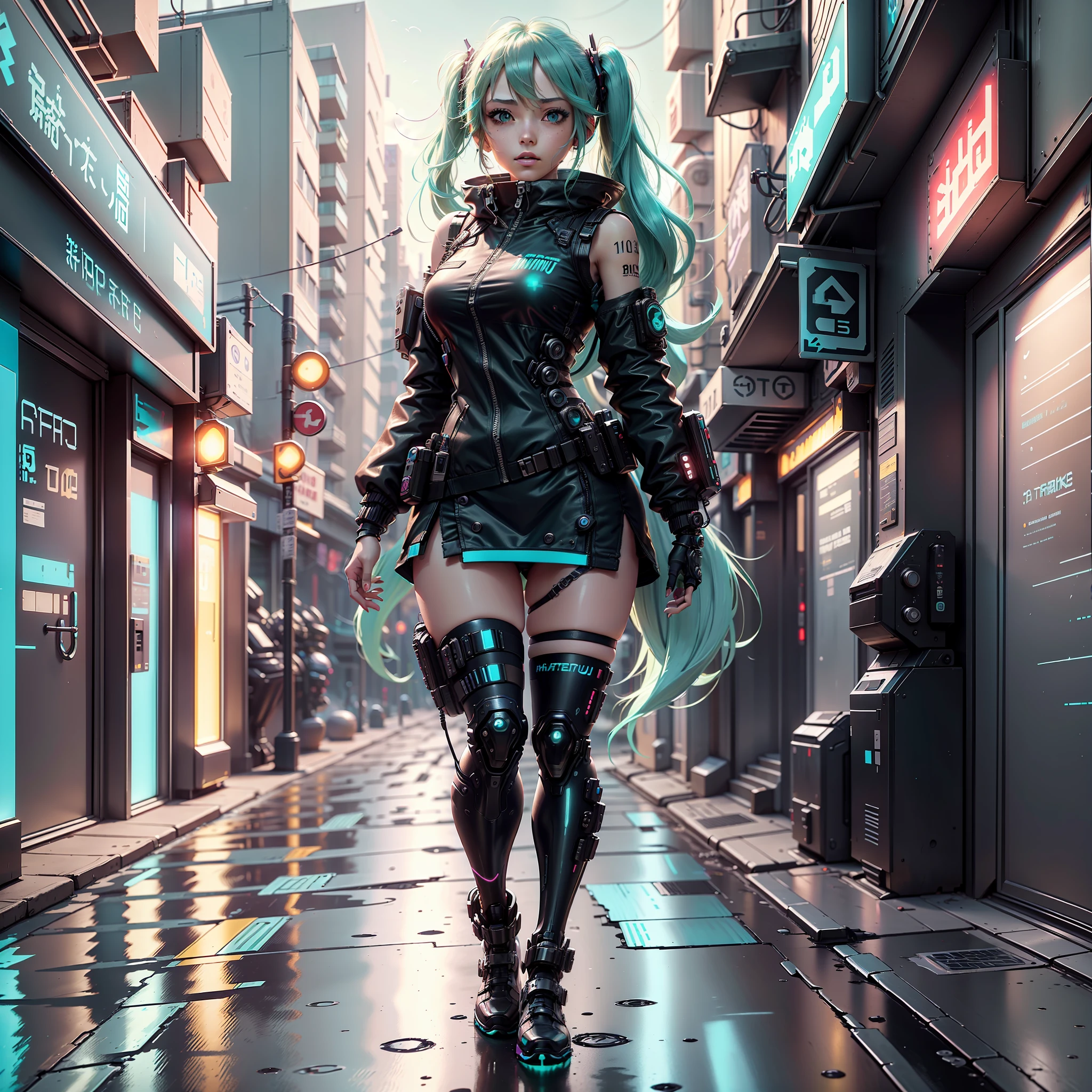 woman in police uniform walking down a street, Hatsune Miku cosplay, female cyberpunk anime girl, cyberpunk anime, cyberpunk anime girl, anime cosplay, cyberpunk girl, anime girl in real life, cyberpunk streets in, cyberpunk style, cyberpunk outfit, has cyberpunk style, oppai cyberpunk, full cosplay --auto --s2