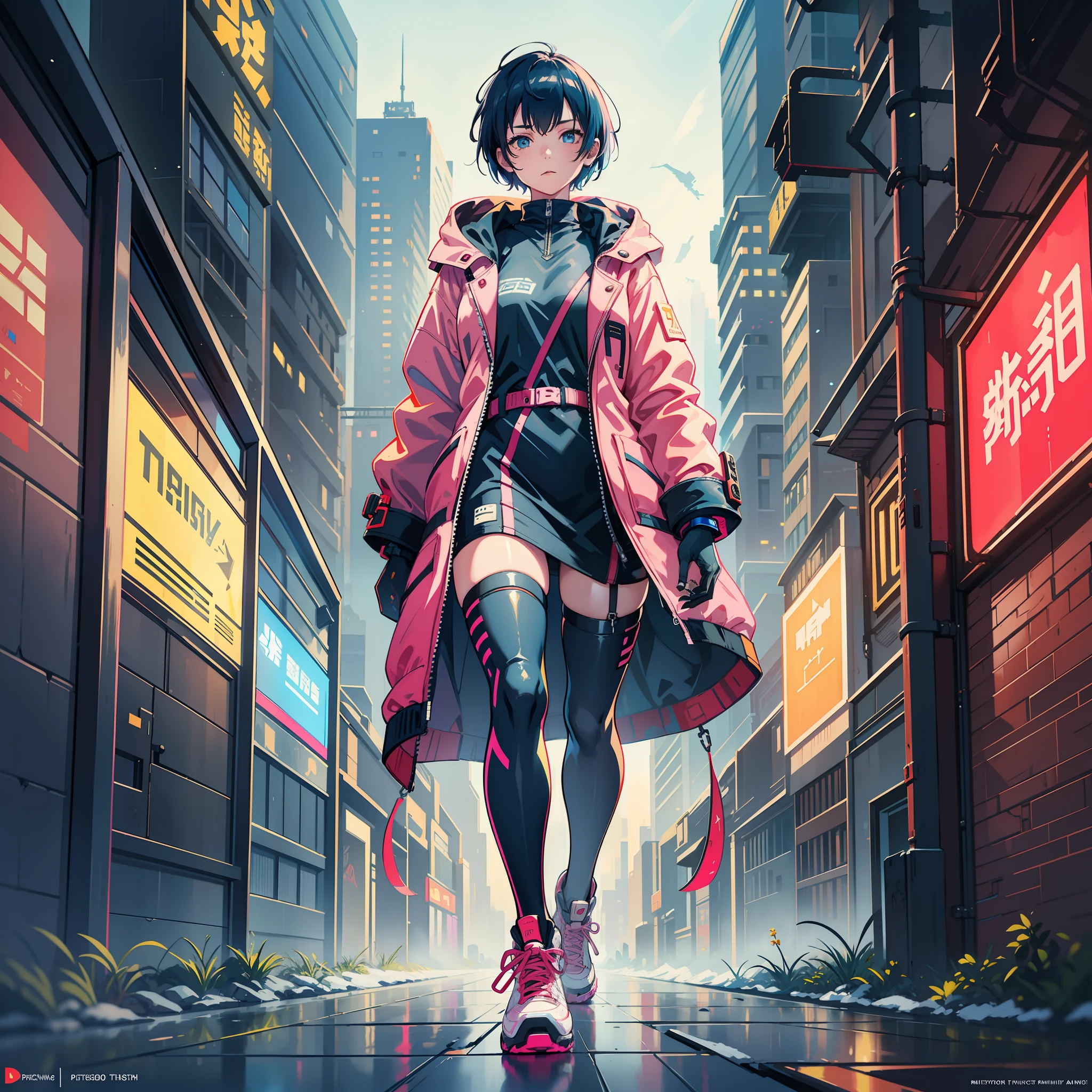 Girl with short blue hair, wearing a pink jacket with yellow and a red dress, long black socks and black sneakers, cyberpunk style, girl armed with leather style clothes, a futuristic portrait cutecyberpunk female Alchemist, in futuristic storm strong snowy thunder Tokyo roof Enchantment night cyberpunk, ssci-fi, fantasy, intricate, very very beautiful, elegant, neon light, Highly detailed, digital painting, artstation, concept art, soft light, HDRI, smooth, sharp focus, illustration, art by Tian Zi and Craig Mullins and WLOP and Alphonse Mucha