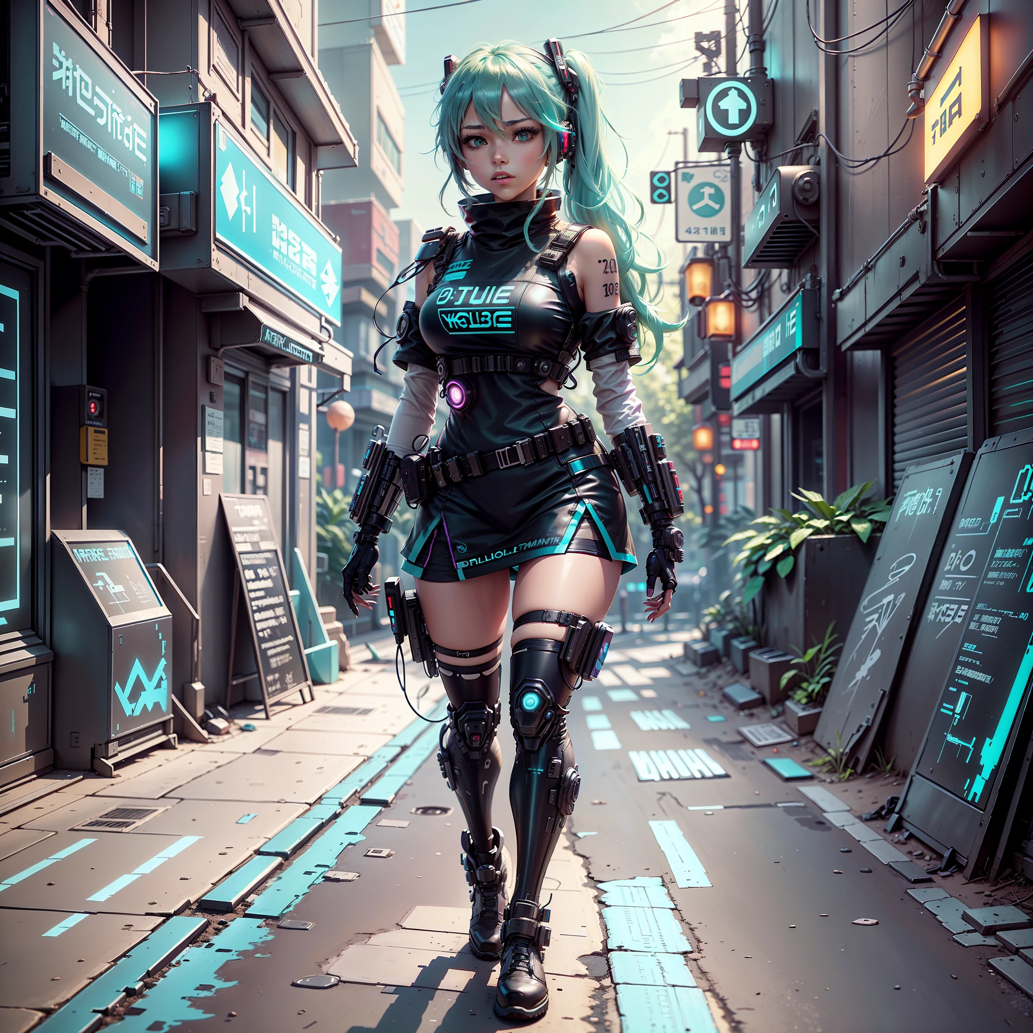 woman in police uniform walking down a street, Hatsune Miku cosplay, female cyberpunk anime girl, cyberpunk anime, cyberpunk anime girl, anime cosplay, cyberpunk girl, anime girl in real life, cyberpunk streets in, cyberpunk style, cyberpunk outfit, has cyberpunk style, oppai cyberpunk, full cosplay --auto --s2