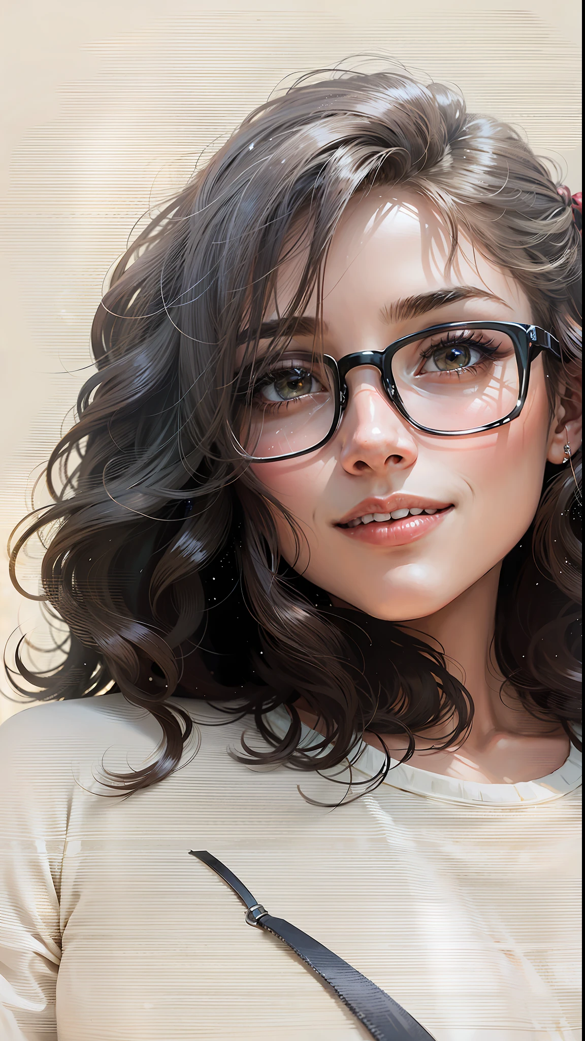 a hyper-realistic portrait of a young woman, smiling, under a tree, inside a forest, in the middle of nature, 22 years old, realistic, (lying on her side), sexy, (huge breasts 2:1), short brown hair, (hair tied with bows), curved, SFW
