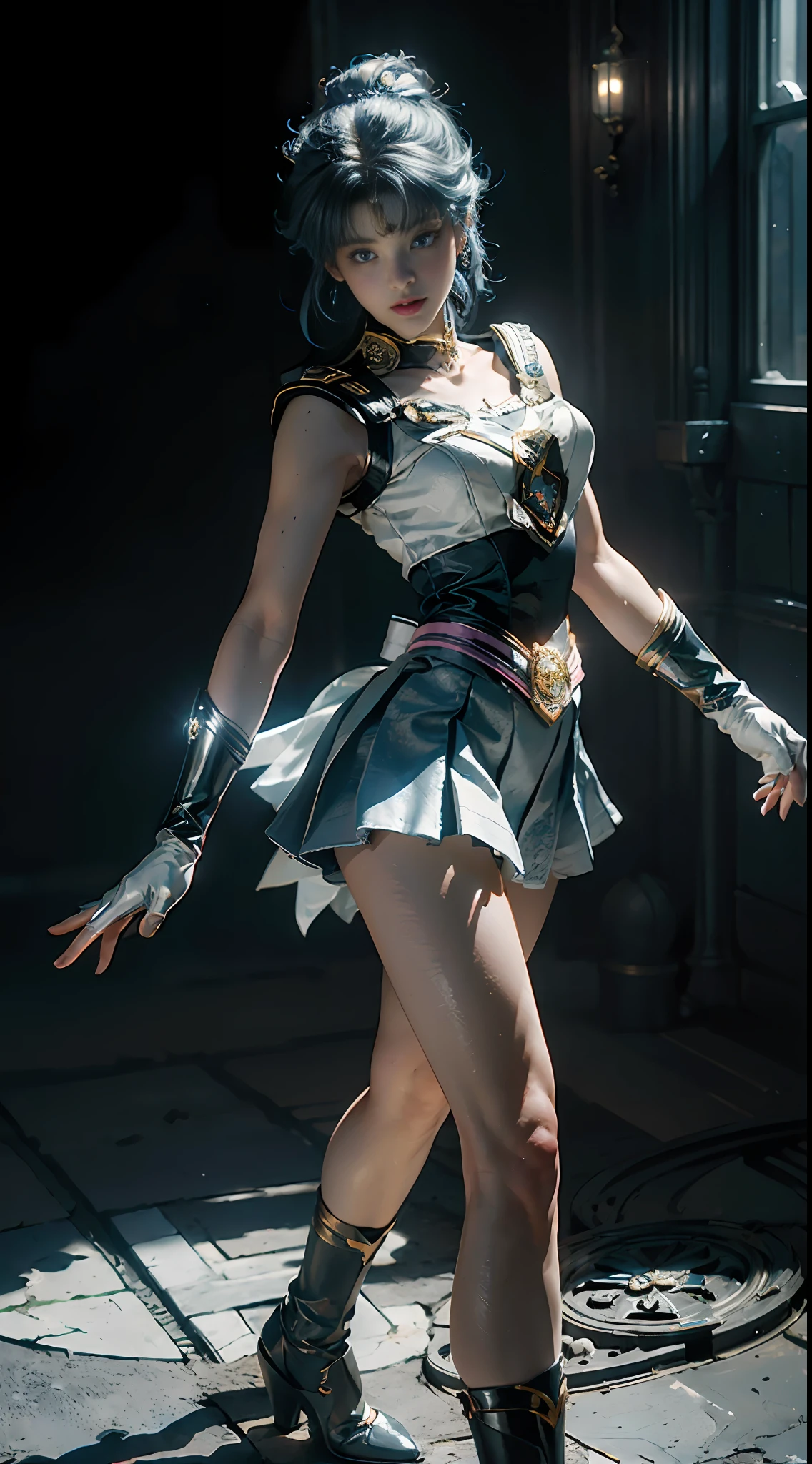 (CG Unity 8K wallpaper with extreme detail, masterpiece, highest quality), (exquisite lighting and shadow, highly dramatic picture, cinematic lens effect), (Sailor Moon: 1.1), double tail, blue eyes, white gloves, mini skirt, dynamic pose), (excellent detail, excellent lighting, wide angle), (excellent rendering and excellent rendering),