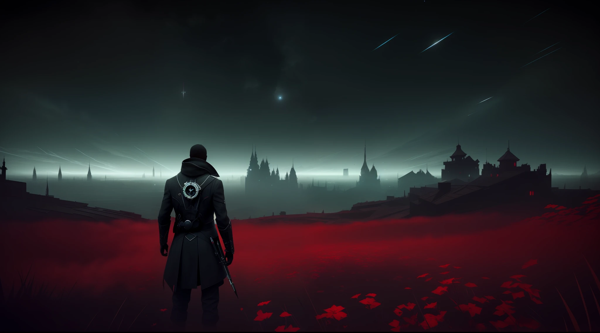 A man staring at the stars in the sky.., 4k resolution, Dishonored inspired, bravely default inspired, vibrant but dreary red, black and white color scheme!!!, epic extreme, dark mood and strong backlighting, volumetric lights, smoke volutes, artstation HQ, unreal engine, octane renderer, HQ, 8K