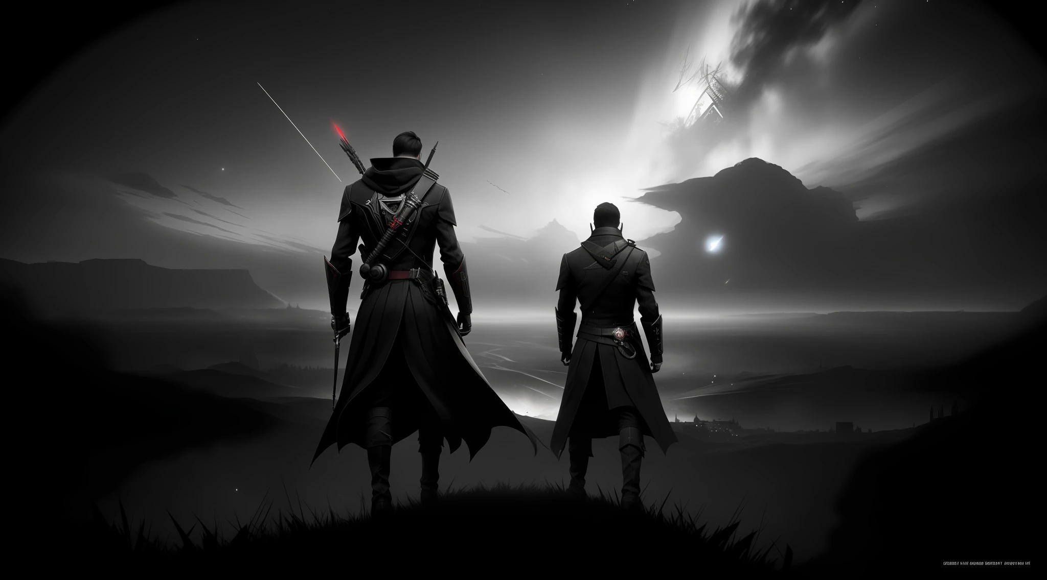 A man staring at the stars in the sky.., 4k resolution, Dishonored inspired, bravely default inspired, vibrant but dreary red, black and white color scheme!!!, epic extreme, dark mood and strong backlighting, volumetric lights, smoke volutes, artstation HQ, unreal engine, octane renderer, HQ, 8K
