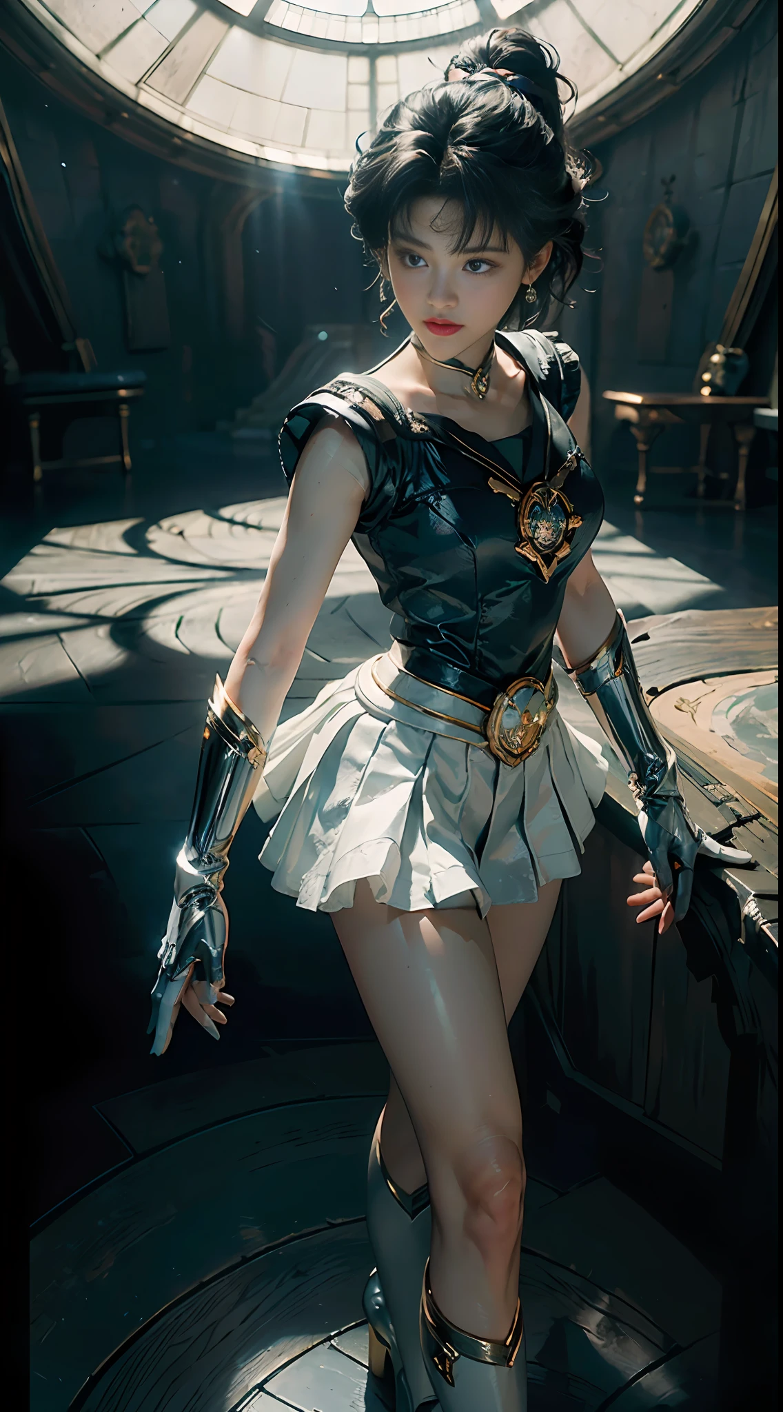 (CG Unity 8K wallpaper with extreme detail, masterpiece, highest quality), (exquisite lighting and shadow, highly dramatic picture, cinematic lens effect), (Sailor Moon: 1.1), double tail, blue eyes, white gloves, mini skirt, dynamic pose), (excellent detail, excellent lighting, wide angle), (excellent rendering and excellent rendering),