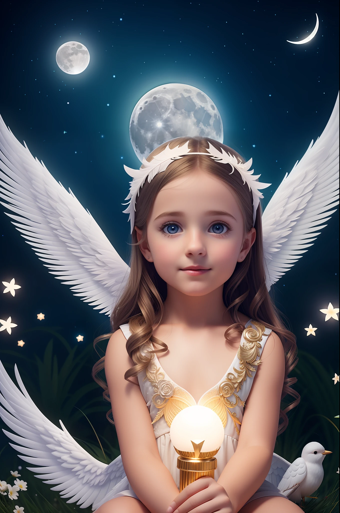 Cute little angel with feather wings looking up at the night sky, ((gorgeous face)), ((realistic)), sitting in the night garden and surrounded by white birds flying around him, all illuminated by the moon, intricate detailed, professional lighting, high definition, 8k, studio light