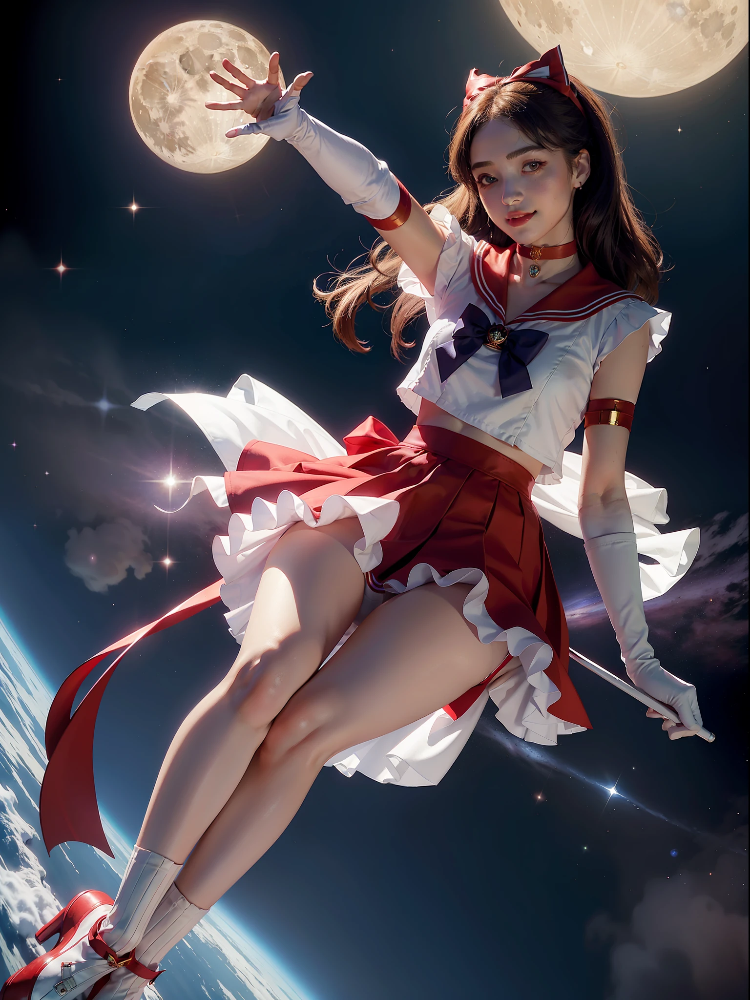 masterpiece,best quality,absurdres,perfect anatomy,sama1,tiara,sailor senshi uniform,white gloves,red sailor collar,red skirt,star choker,elbow gloves,pleated skirt,bare legs,purple bow,space,moon,cowboy shot,smile,flame bow,