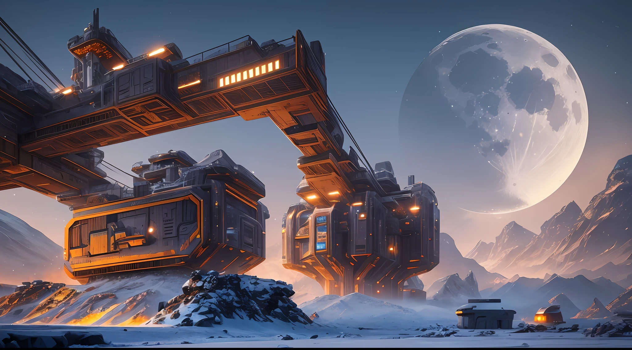 Snow Mountain Scene with Futuristic Architecture and Moon, Stefan Caud Inspiration, Industrial Futuristic Ice Mine, Mystery Sci-Fi Concept Art, Award Winning Sci-Fi Art, Concept Art Futuristic Nordic, Beautiful Sci-Fi Art, Epic Fantasy Sci-Fi Illustration, Sci-Fi Concept Art, Sci-Fi Artwork, Sci-Fi Fantasy Art, Sci-Fi Concept Art, Sci-Fi Concept Art, Machine Miner in Mining, Photo, High Resolution, 4K, 8K, Realism Style --auto --s2