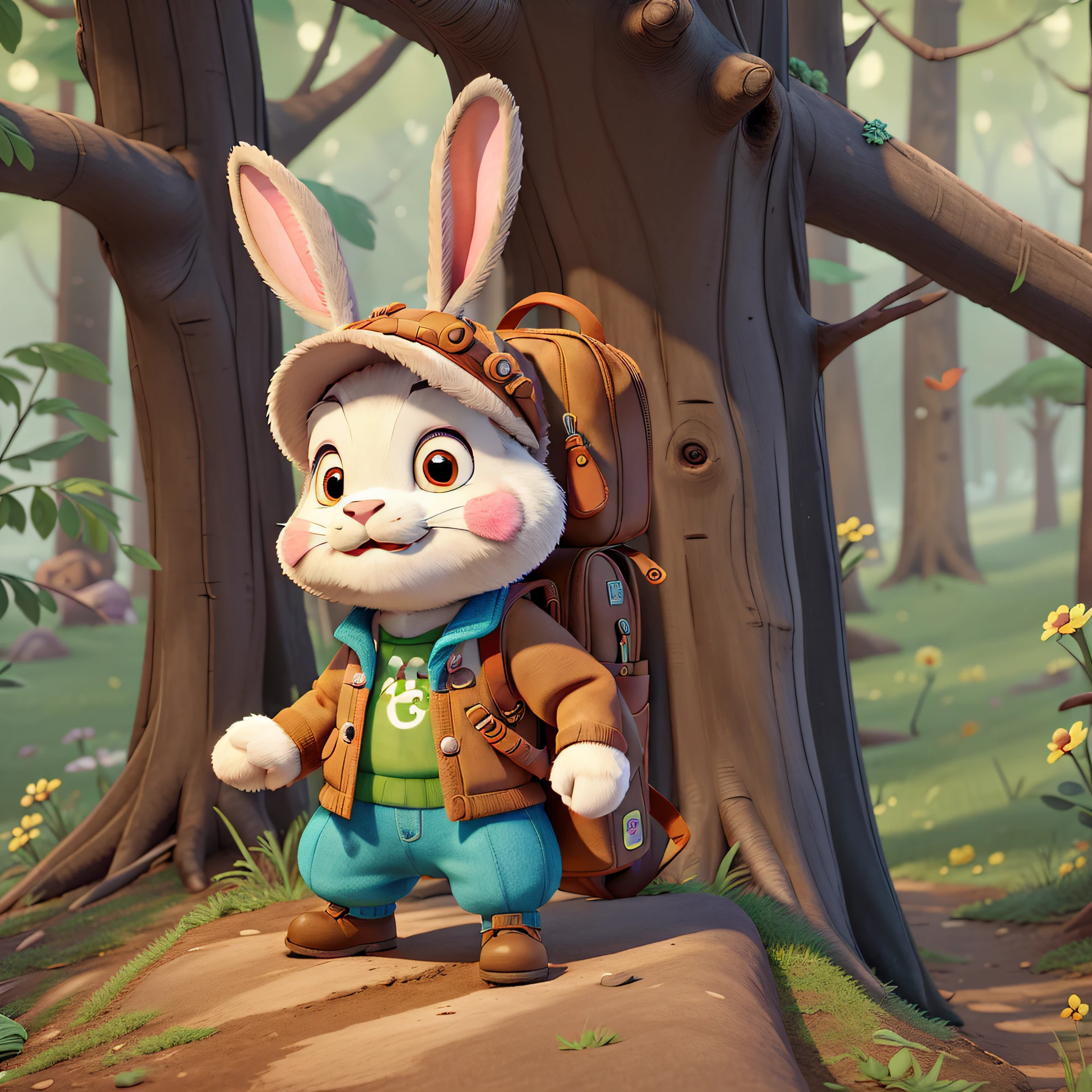 there is a cartoon rabbit with a backpack standing in the woods, rabbt_character, adorable digital painting, cute detailed digital art, childrens art in artstation, cute anthropomorphic bunny, wojtek fus, cute forest creature, a portrait of judy hopps, cute digital art, cute 3 d render, anthropomorphic rabbit, character design contest winner