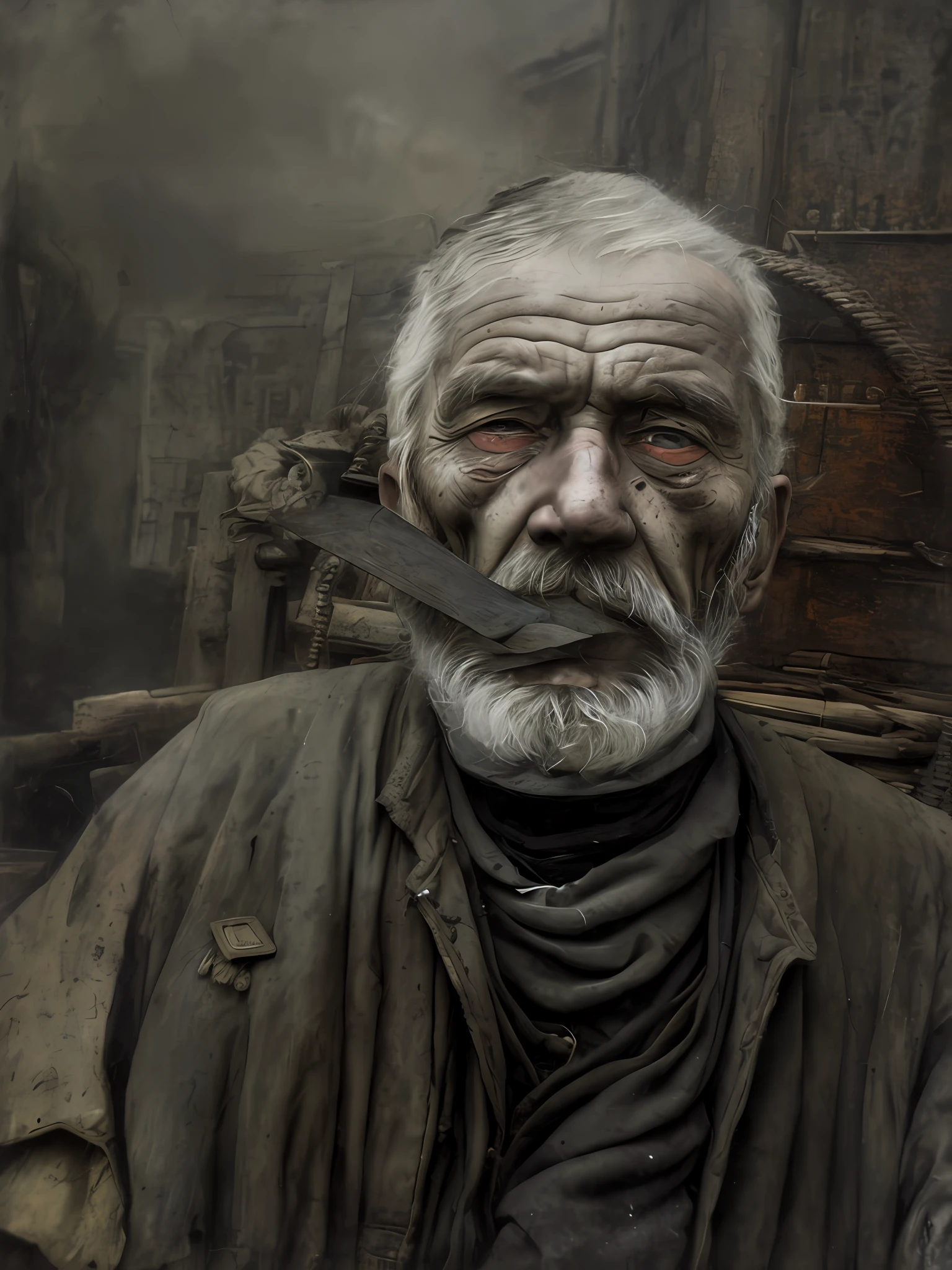 A portrait of poor russian 1800 old worker in rags, ((overwhelming fatigue )), wrinkles of age, concept art, oil pastel painting , moody gray colors , gritty, messy stylestyle of Alexey Savrasov, Ivan Shishkin, Ilya Repin, (cel shaded:1.2), 2d, (oil painting:1.2) highly detailed