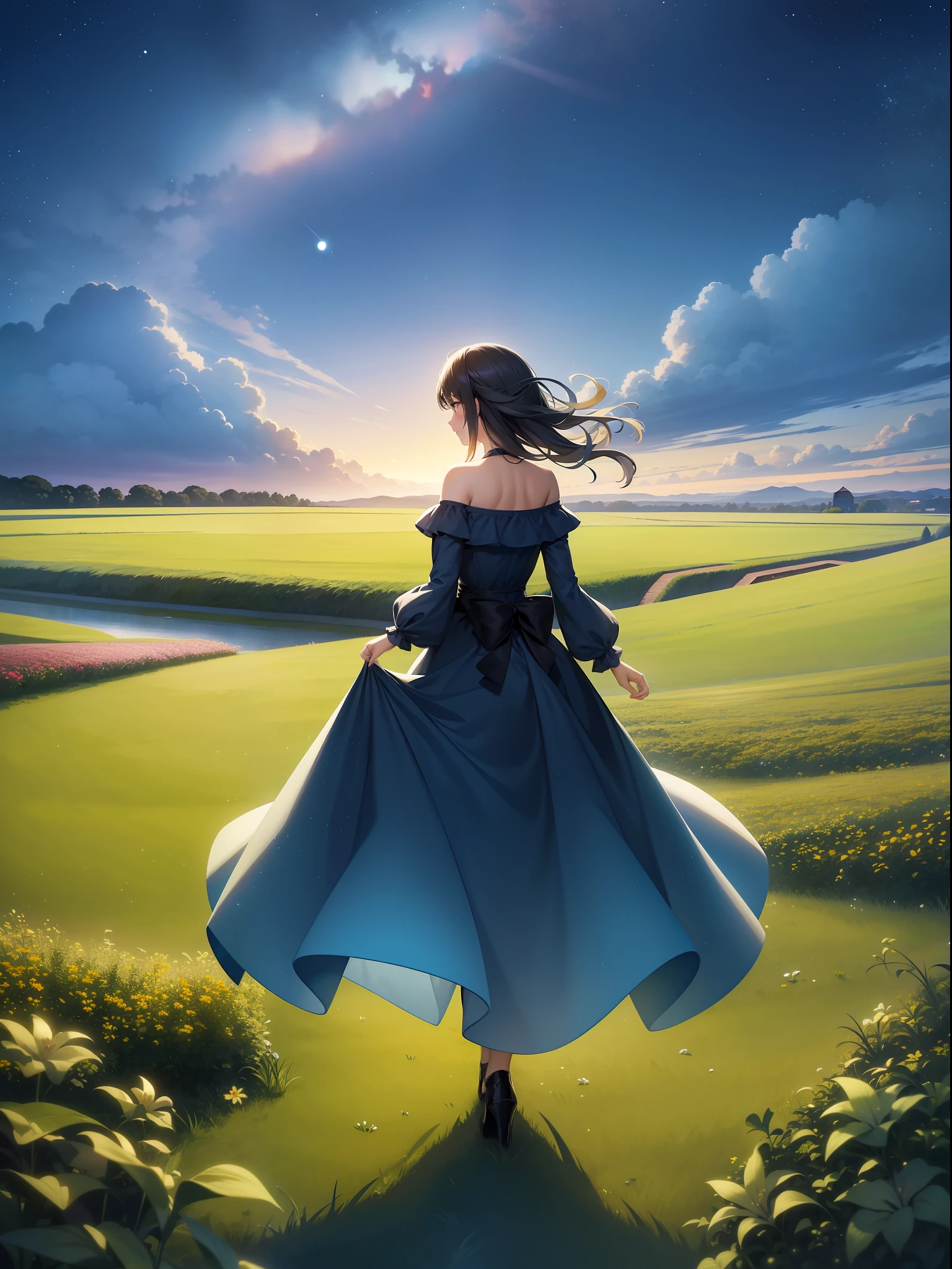 (8K, high resolution, cinematic),a captivating digital artwork that depicts a serene night scene, with a clear sky adorned with a myriad of twinkling stars. In the center of the composition, an empty field stretches out, dotted with a small, charming house. Standing amidst the field, a figure gazes upwards, captivated by the sight of a brilliant comet streaking across the night sky.
The night sky should be filled with an abundance of stars, forming constellations that ignite the imagination. Allow the stars to twinkle and shimmer, infusing the scene with a sense of magic and wonder. The comet should shine brightly, leaving a radiant trail as it traverses the heavens.
The field surrounding the house should be depicted with attention to detail, conveying a sense of tranquility and simplicity. Add elements of nature, such as gently swaying grass, a scattering of wildflowers, or a meandering path leading towards the house, to enhance the idyllic atmosphere.
The figure standing in the field should be positioned to show their gaze fixed upon the comet, their face filled with awe and wonder. Capture their body language, conveying a sense of stillness and contemplation as they become engrossed in the celestial spectacle.
Through meticulous attention to detail and atmospheric lighting, create an artwork that evokes a feeling of peace and fascination. The combination of the starry sky, serene field, and the presence of the comet will transport viewers to a place of contemplation, reminding them of the vastness and beauty of the universe