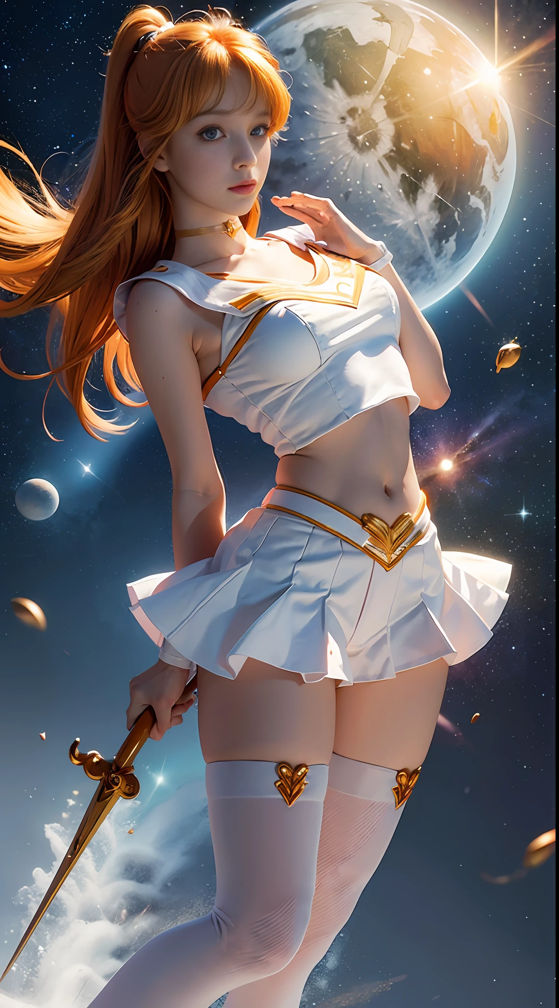 (sailor venus Aino Minako) Best quality, ultra-high resolution, masterpiece, (Realisticity: 1.6), 16K, (1girl with open navel), white stockings, full body shot, life scene
