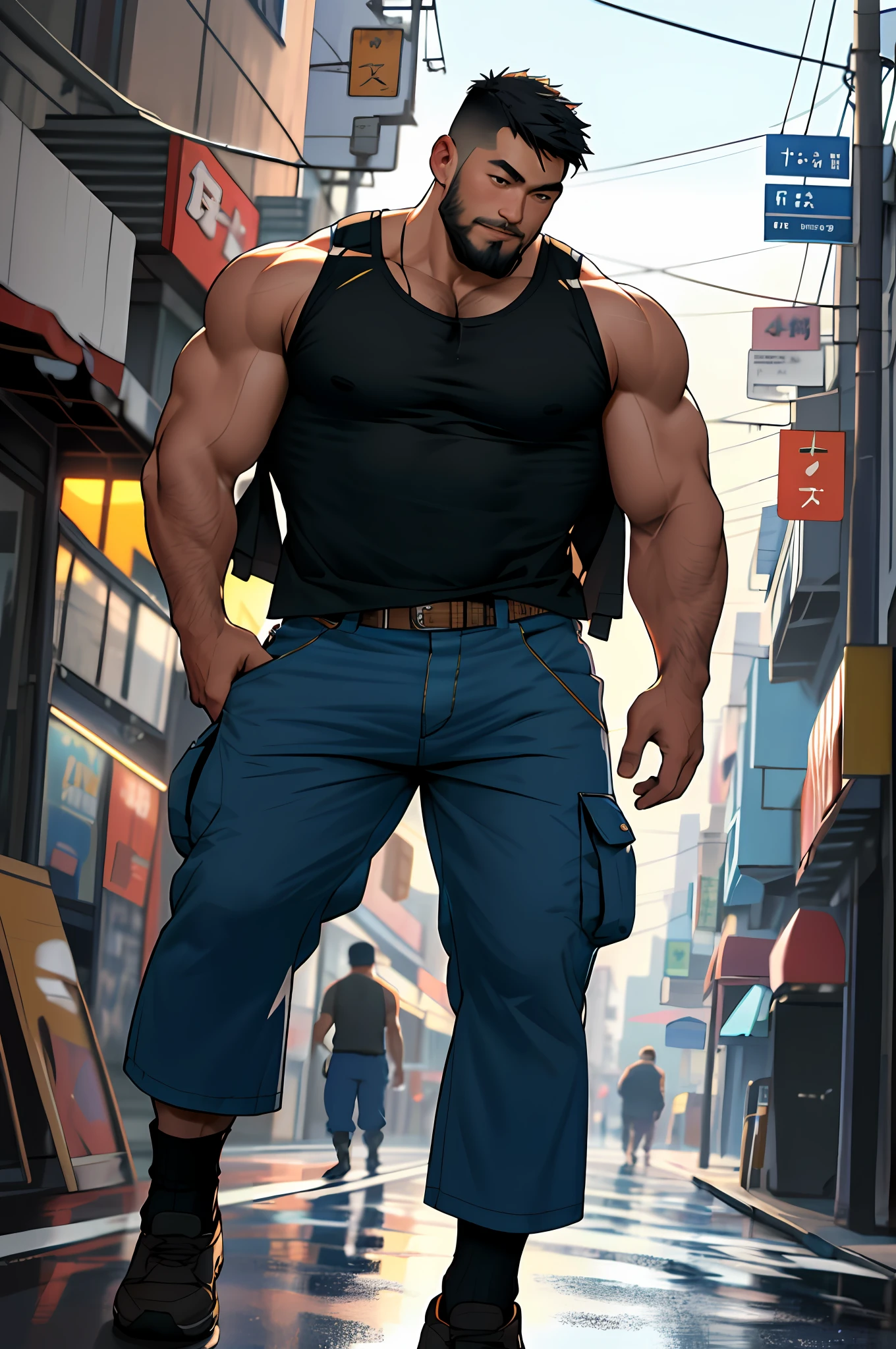 asian man, jarhead, best quality, masterpiece, super high resolution, detailed background, realistic, illustration, lens, 1boy, muscle man, beard, socks, tank top, police uniform, open shirt,, ragged pants, street, muscle, facial hair, volumetric lighting, depth of field, briefs, thighs