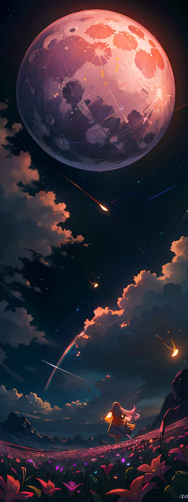 Vast landscape photo, (viewed from below, the sky is above and the open field is below), a girl standing on a flower field looking up, (full moon: 1.2), (meteor: 0.9), (nebula: 1.3), distant mountains , Trees BREAK Crafting Art, (Warm Light: 1.2), (Fireflies: 1.2), Lights, Lots of Purple and Orange, Intricate Details, Volumetric Lighting, Realism BREAK (Masterpiece: 1.2), (Best Quality), 4k, Ultra-Detailed, (Dynamic Composition: 1.4), Very Detailed, Colorful Details, (Rainbow Colors: 1.2), (Glow Lighting, Atmospheric Lighting), Dreamy, Magical, (Solo: 1.2)