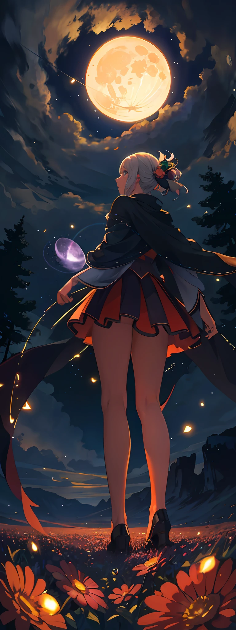 Vast landscape photo, (viewed from below, the sky is above and the open field is below), a girl standing on a flower field looking up, (full moon: 1.2), (meteor: 0.9), (nebula: 1.3), distant mountains , Trees BREAK Crafting Art, (Warm Light: 1.2), (Fireflies: 1.2), Lights, Lots of Purple and Orange, Intricate Details, Volumetric Lighting, Realism BREAK (Masterpiece: 1.2), (Best Quality), 4k, Ultra-Detailed, (Dynamic Composition: 1.4), Very Detailed, Colorful Details, (Rainbow Colors: 1.2), (Glow Lighting, Atmospheric Lighting), Dreamy, Magical, (Solo: 1.2)